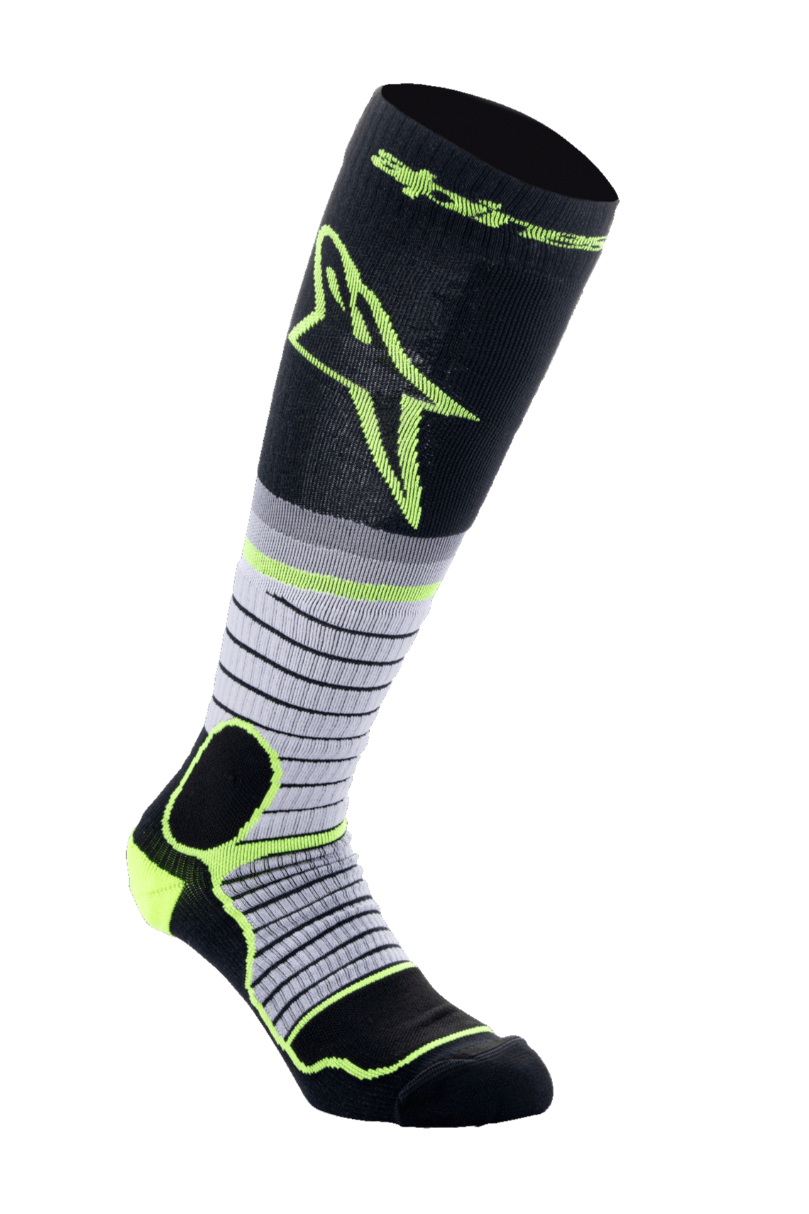 Alpinestars MX Pro Socken V2, Motocross-Socken, Schwarz, Grau und Gelb Fluo, kniehoch mit horizontalem Streifendesign und großem gelbem Logo, mit verstärkter Polsterung für Offroad-Motorradstiefel