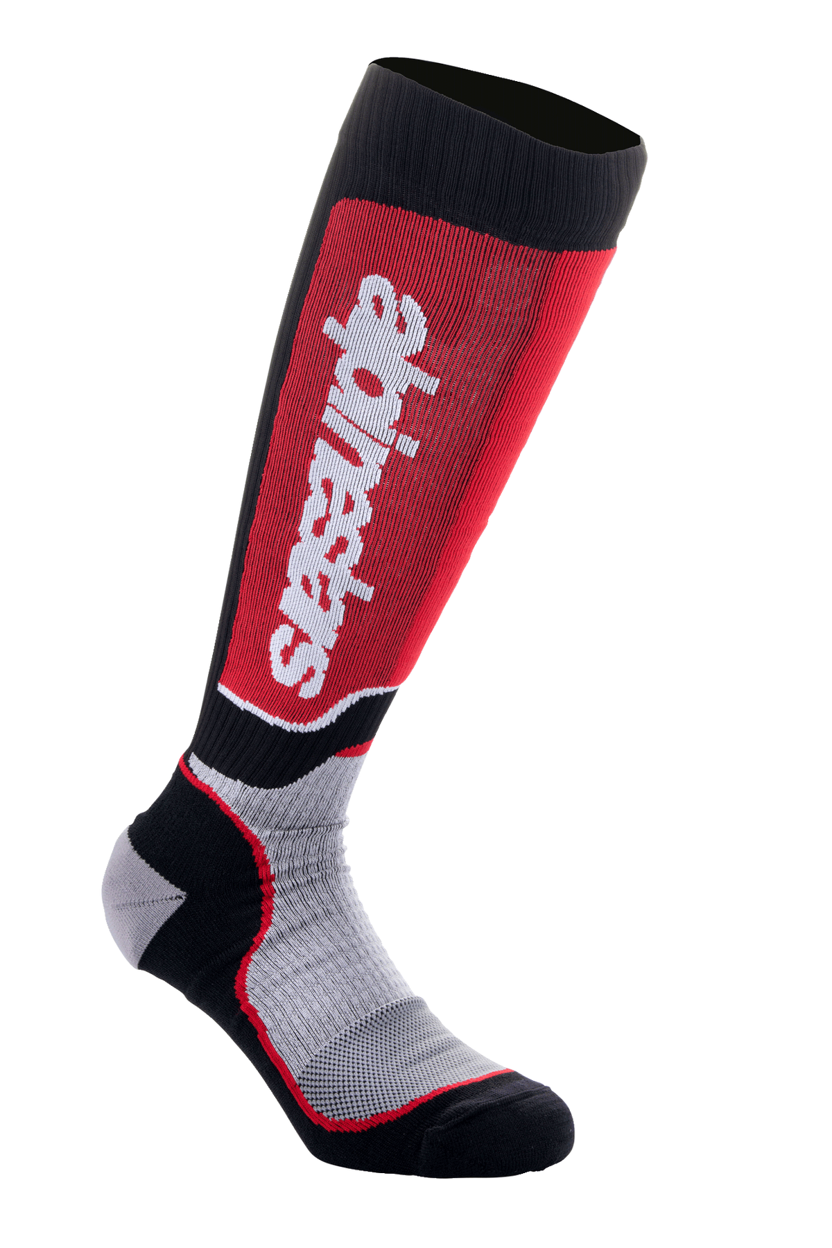 Alpinestars MX Plus Socken, Motocross-Kniestrümpfe, Schwarz, Grau und Rot, mit vertikalem weißem Alpinestars-Schriftzug auf rotem Wadenpanel, geripptes Funktionsgewebe und verstärkte Fersen- und Zehenpartie.