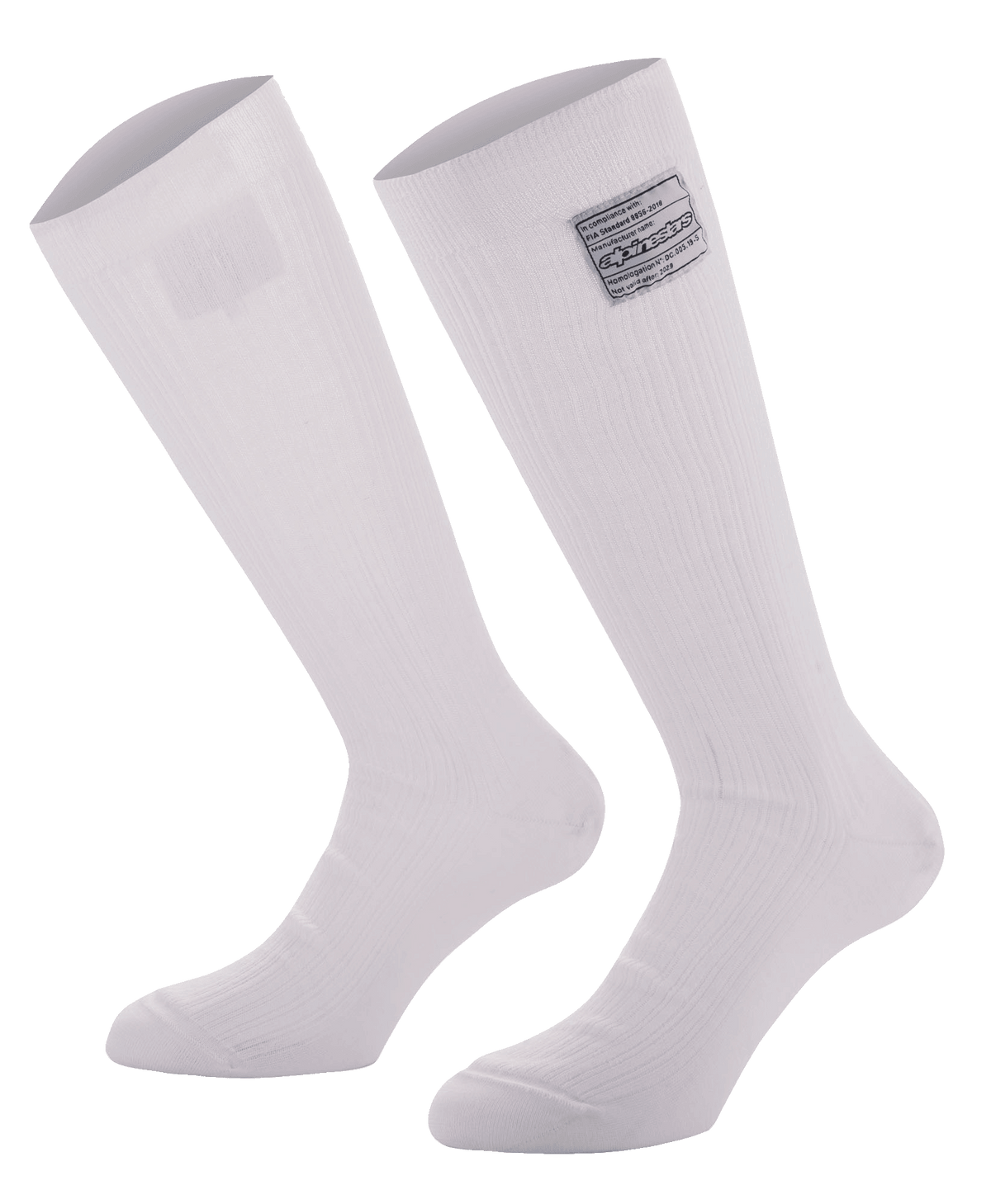 Alpinestars Race V4 Socken, weiße kniehohe Auto-Rennsocken, gerippte Nomex-Konstruktion mit FIA-Zertifizierungsetikett, feuerfestes Design für den professionellen Motorsport