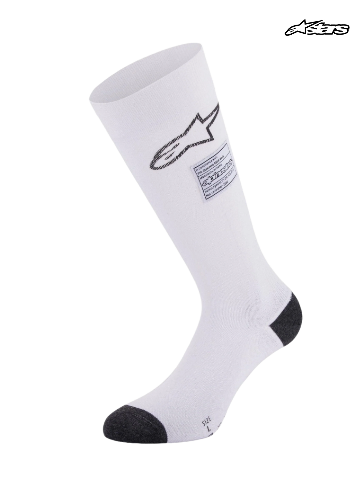 Alpinestars ZX V4 Socken, feuerfeste Autosocken, Weiß und Schwarz, FIA-zertifiziert, nahtlose Aramid-Konstruktion mit gradueller Kompression