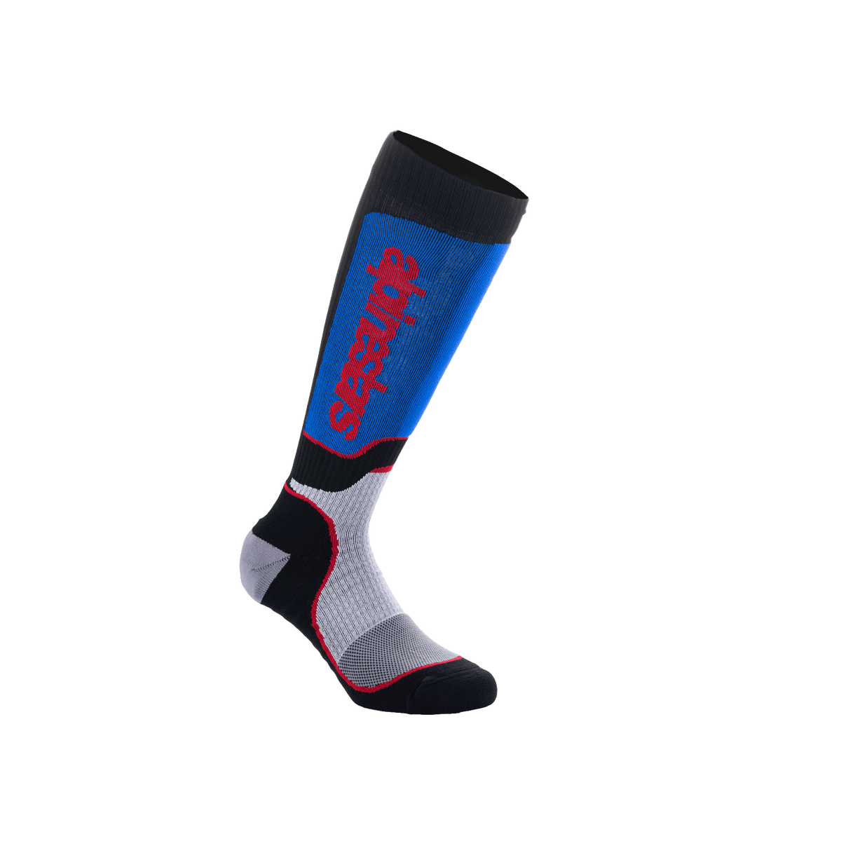 Alpinestars Youth MX Plus Socken, Motocross-Kniestrümpfe, Schwarz, Royalblau und Grau, mit vertikalem rotem Alpinestars-Logo, gerippte Kompressionspassform mit verstärktem Fersen- und Zehenbereich, Performance-Ausrüstung für junge Fahrer