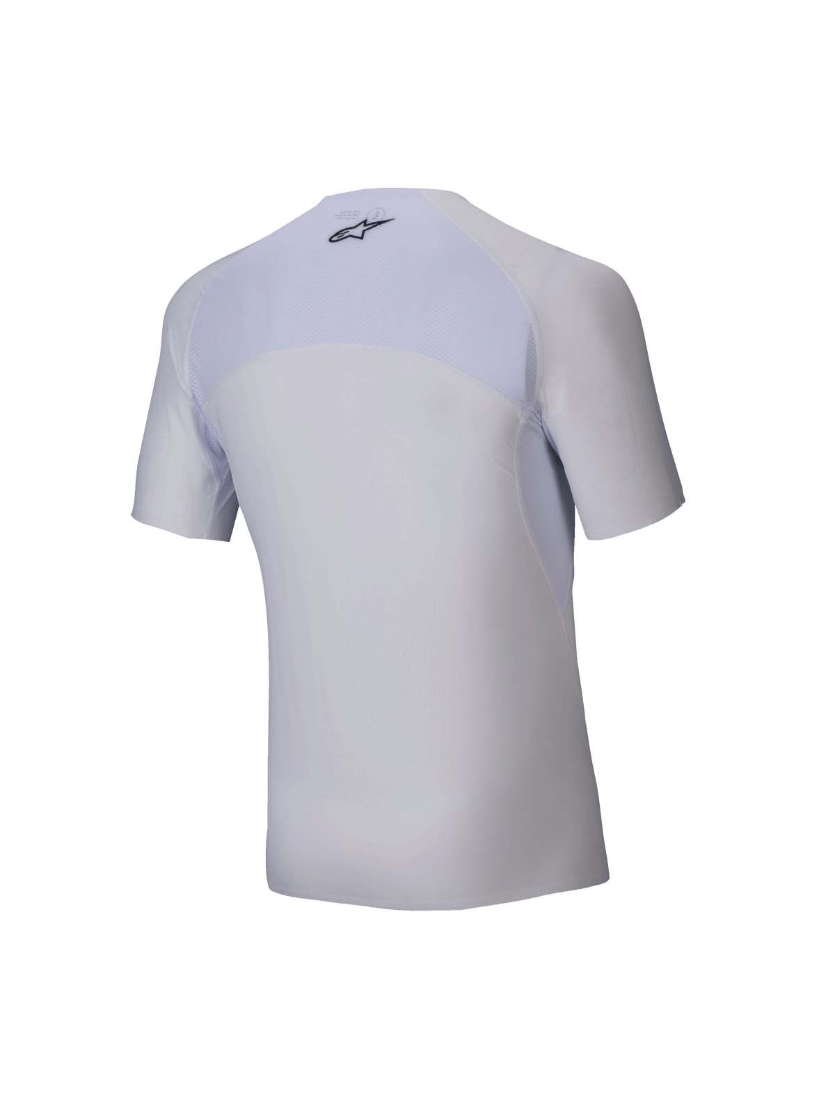 Alpinestars Tech KX Sim Top – Kurzarm, weißer Karting-Baselayer, Rückansicht, atmungsaktiver Mesh-Einsatz am oberen Rücken, schwarzes Alpinestars-Logo im Nacken, ergonomisches Stretchmaterial für Racing-Performance