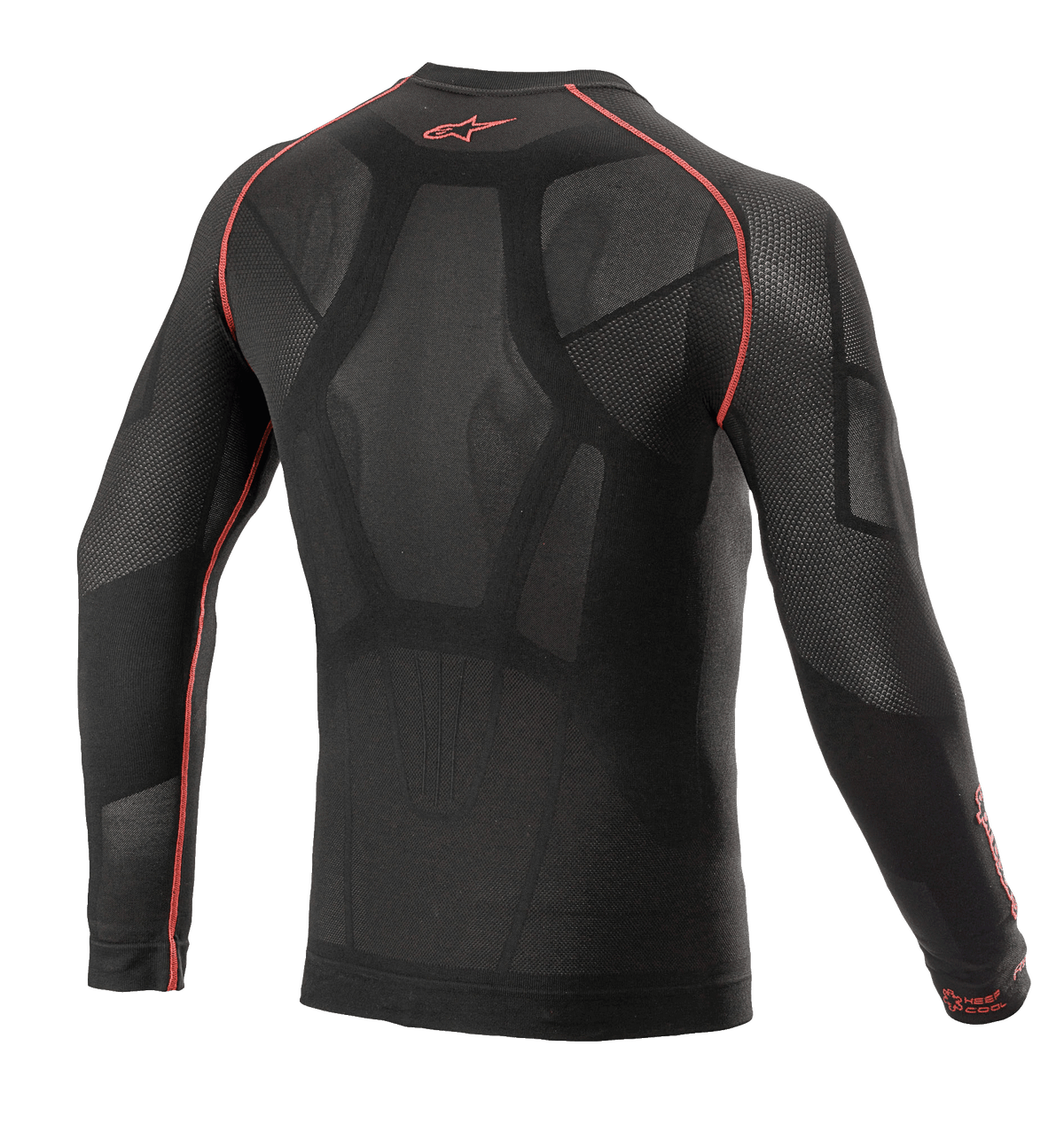 Alpinestars Ride Tech V2 Langarm-Oberteil Summer, Motorrad-Base-Layer, Schwarz und Rot, Rückansicht mit körperbetonter Konstruktion, offenen Netzeinsätzen, roten Flatlock-Nähten und rotem Alpinestars-Logo am Kragen, technische Funktionswäsche für warmes Wetter