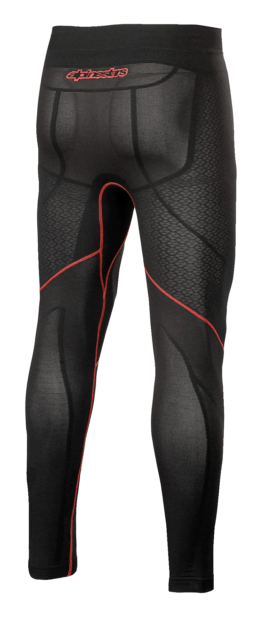Alpinestars Ride Tech V2 Bottom Summer, Motorcycle Base Layer Pants, Black and Red, rear view showing red contrast stitching, red Alpinestars logo on the waistband, and breathable mesh-textured panels for warm weather riding.