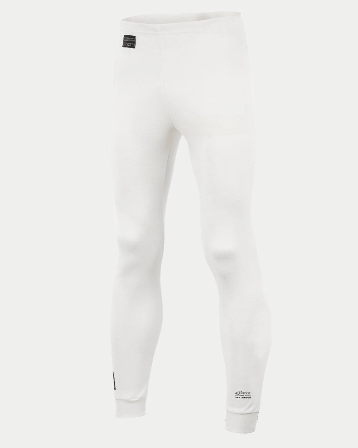 Alpinestars Race Bottom FIA, Auto-Rennsport-Basisschicht-Hose, Weiß, mit schwarzem FIA-Label an der Hüfte und Branding am Unterschenkel, leichtes und atmungsaktives feuerfestes Textil für professionellen Motorsport