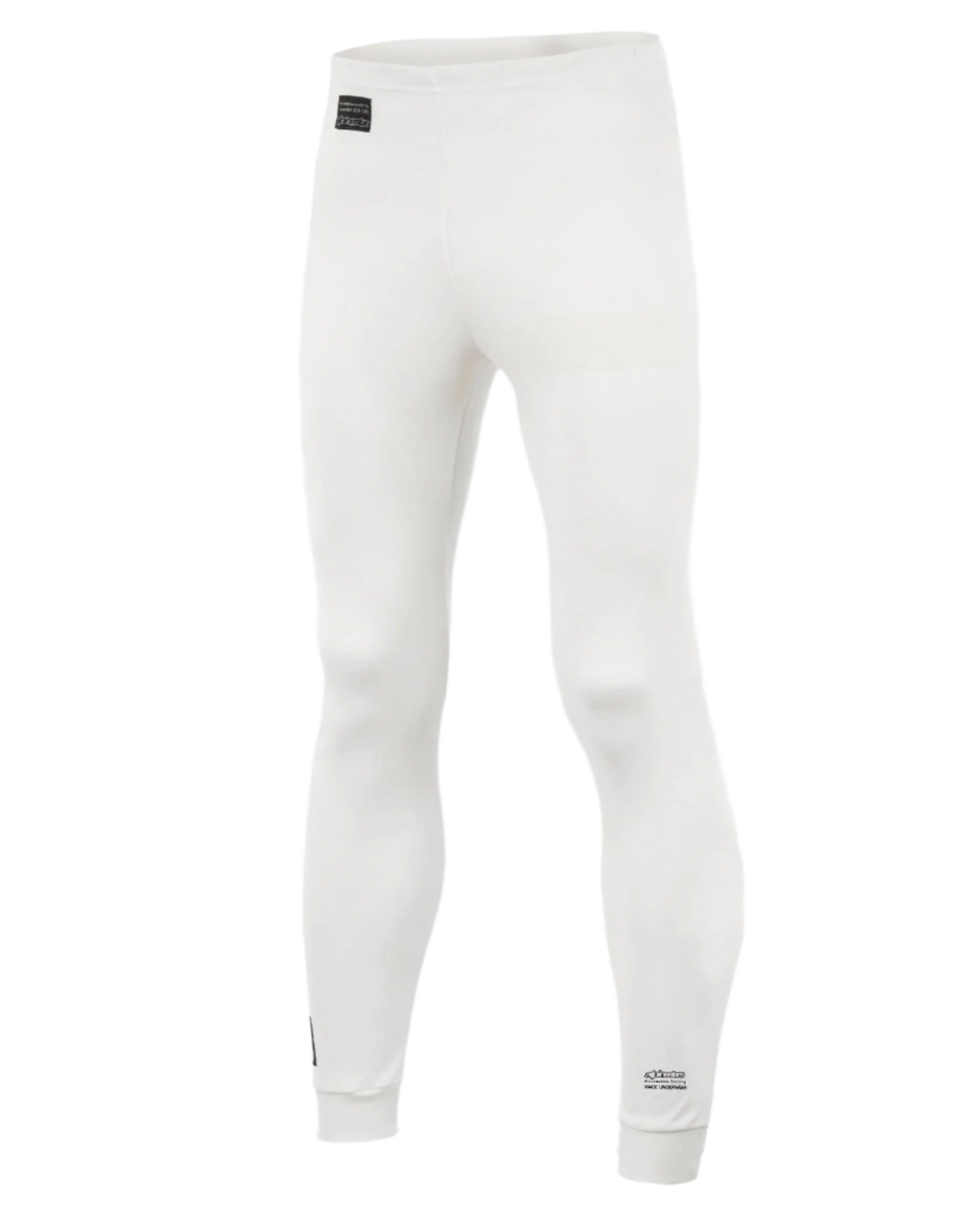 Alpinestars Race Bottom FIA, Auto-Rennsport-Basisschicht-Hose, Weiß mit schwarzen Logo-Aufnähern, leichtes und flammhemmendes Textil, konzipiert für das Tragen unter einem Rennanzug