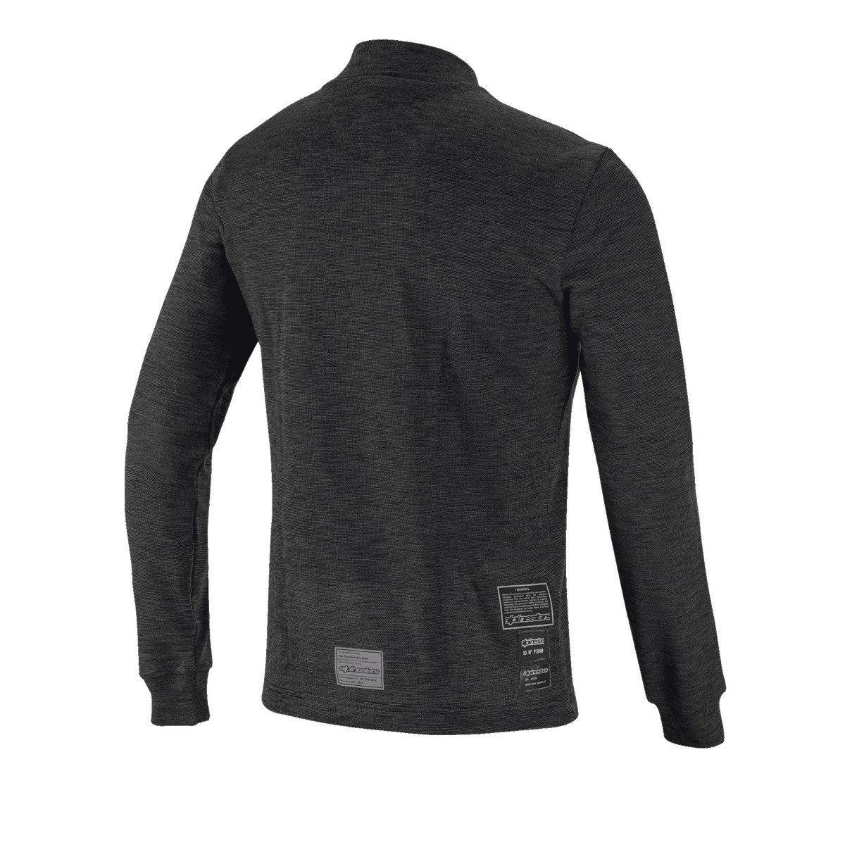 Alpinestars Race V3 Langarm-Oberteil, Rückansicht, schwarze feuerfeste Funktionswäsche, strukturiertes Strickdesign, lange Ärmel mit Rippbündchen, FIA-Homologationsetiketten am unteren Rücken