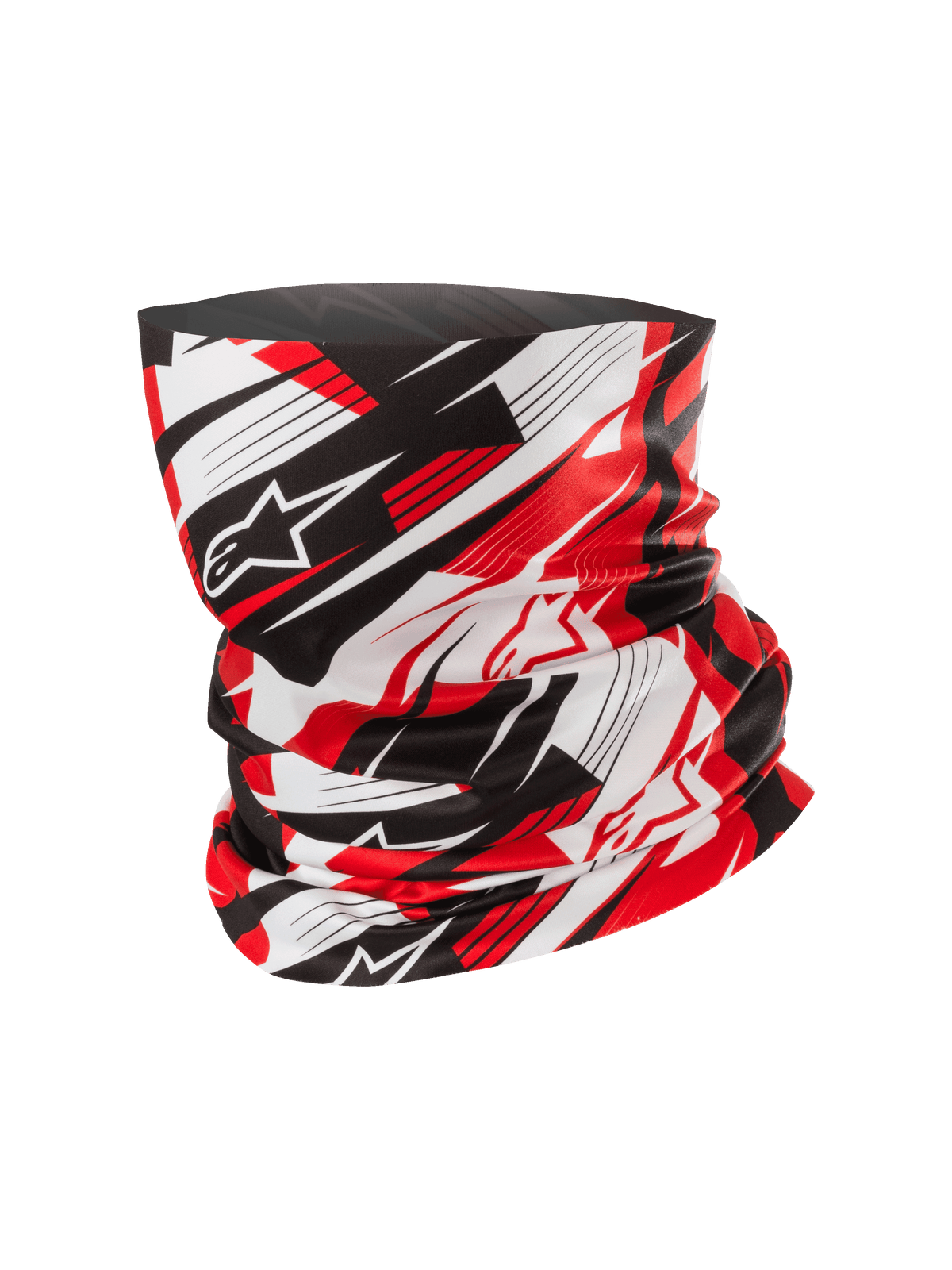 Alpinestars Neck Tube, Motorrad-Schlauchschal, Rot, Schwarz und Weiß, dynamisches abstraktes Muster mit verschwommenen Linien und Stern-Logos, leichtes Material mit seidigem Griff, Accessoire für Motorradsport und Outdoor-Aktivitäten