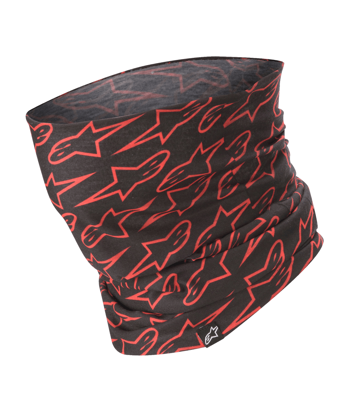 Alpinestars Neck Tube, Motorrad-Halswärmer, Schwarz mit rotem Stern-Logo-Muster, leichter seidiger Stoff, Base-Layer-Accessoire für das Motorradfahren