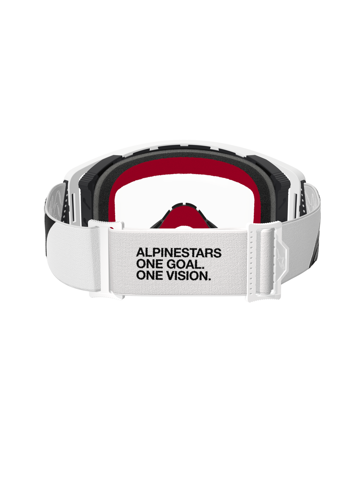 Alpinestars Supertech Corp Goggles, Motocross-Brille, weißer Rahmen mit klarer Scheibe, Rückansicht mit weißem verstellbarem Band mit schwarzem Text 'ALPINESTARS ONE GOAL. ONE VISION.', schwarzer Schaumstoff mit roten Akzenten, hochleistungsfähige Offroad-Schutzbrille