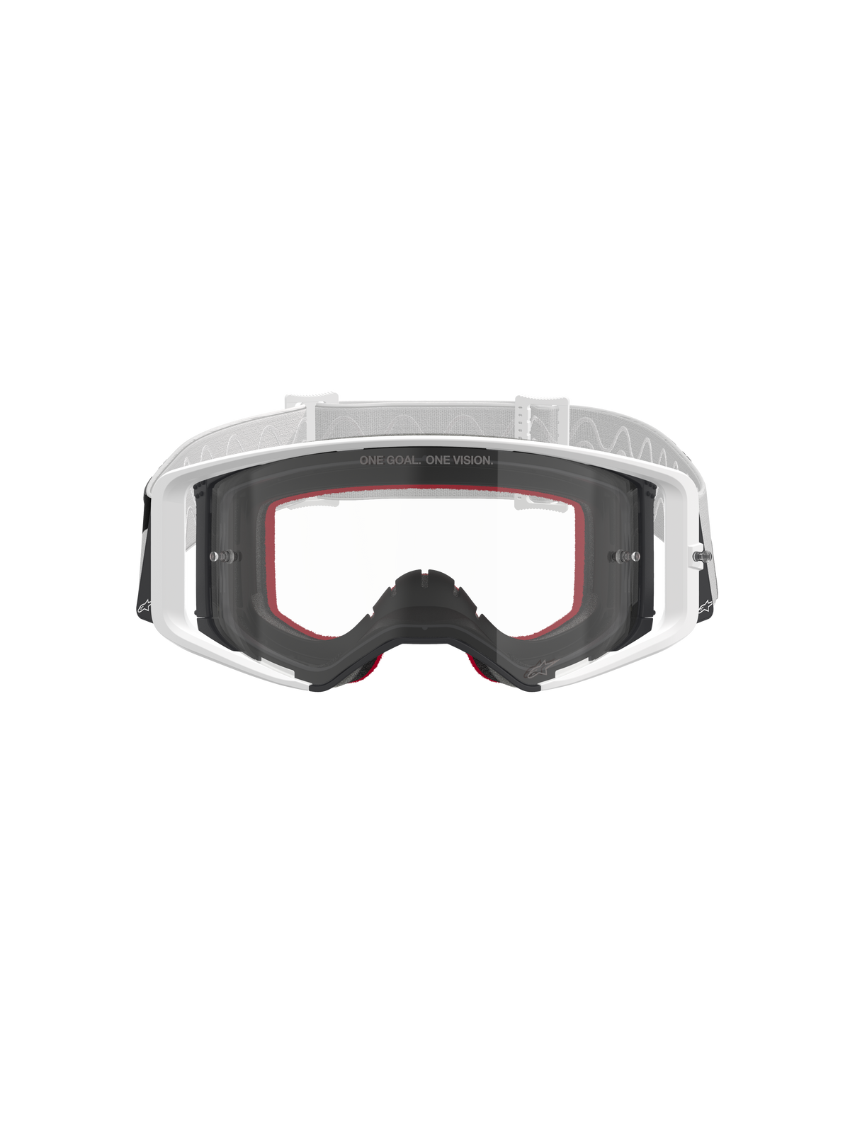 Alpinestars Supertech Corp Goggles, Motocross-Brille, Weiß mit klarem Glas, weißes und hellgraues verstellbares Band, mit „ONE GOAL. ONE VISION.“ Schriftzug auf dem Glas, rote Akzente am Gesichtsschaum, Hochleistungs-Schutzausrüstung für den Offroad-Rennsport