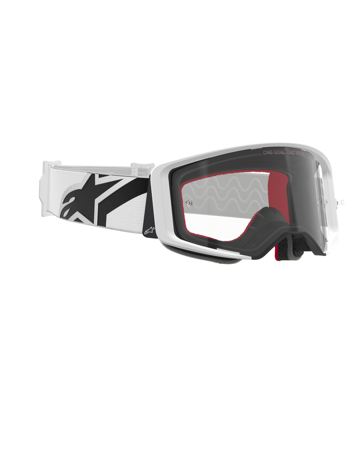 Alpinestars Supertech Corp Goggles, Motocross-Brille, Weiß und Klar, weißes Band mit großem schwarzem Alpinestars-Logo, klares spritzgegossenes Glas, weißer doppelt gespritzter Rahmen, Performance-Brille für den Offroad-Rennsport