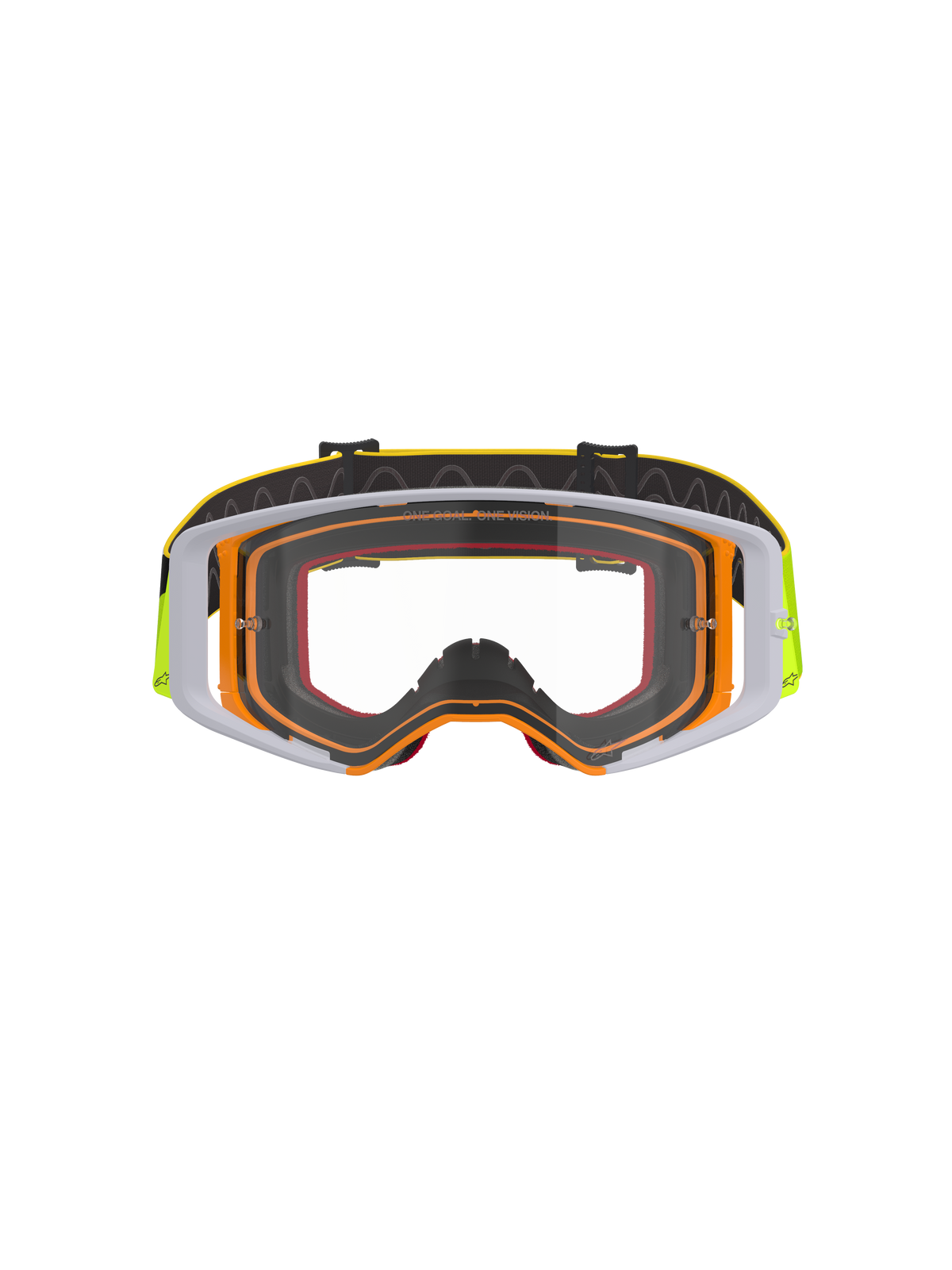 Alpinestars Supertech Corp Goggles, Motocross Goggles, Fluo Yellow and White frame with Clear Lens, grey accents, black adjustable strap with yellow branding and internal silicone grip, high-performance eyewear for off-road racing.