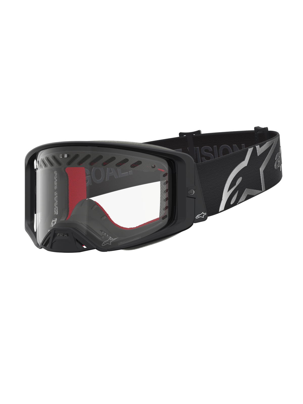 Alpinestars Supertech Dura Air Fluid Goggles for motocross racing, black and silver with clear lens and wide logo strap.