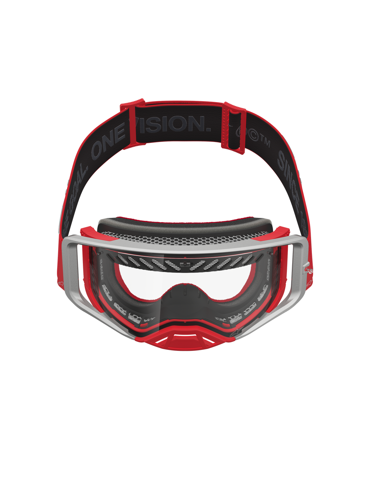 Alpinestars Supertech Dura Air Fluid Goggles, Red and Silver Motocross Goggles with a clear lens and advanced airflow system.