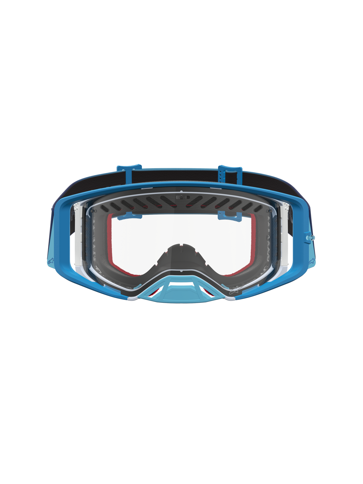 Alpinestars Supertech Dura Air Schutzbrille Fluid in Blau und Grau für Motocross mit einer klaren Scheibe.