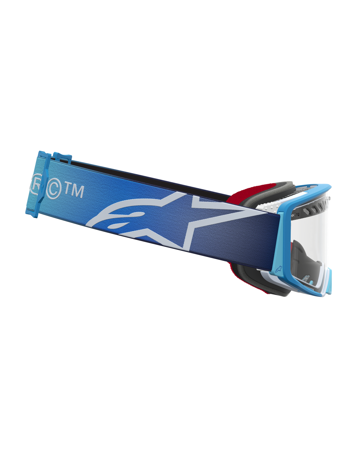 Alpinestars Supertech Dura Air Schutzbrille Fluid, Motocross-Brille mit blauem Farbverlauf, klare Scheibe und breites Band mit weißem Stern-Logo, professionelle Offroad-Ausrüstung
