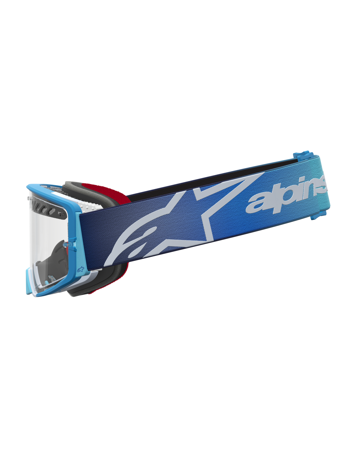 Alpinestars Supertech Dura Air Fluid Schutzbrille, Motocross-Brille in Blau, silberne klare Scheibe, Logo-Band, Offroad.