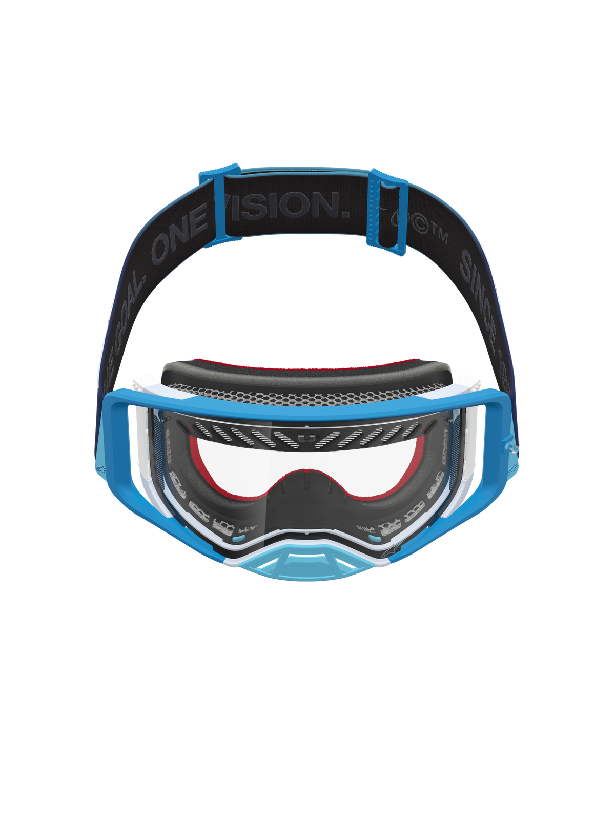 Alpinestars Supertech Dura Air Fluid Schutzbrille, Motocross-Brille in Blau und Weiß, klare Scheibe und Marken-Gurt.