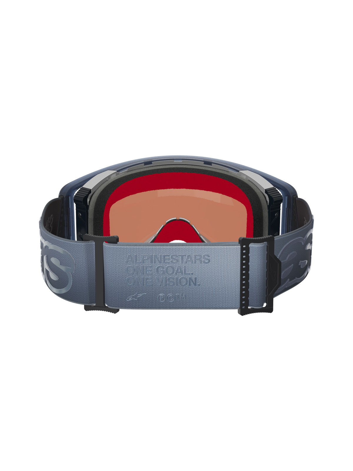 Alpinestars Supertech Vision Vista Goggles, rear view, blue-grey adjustable strap with embossed 'ONE GOAL. ONE VISION.' text, black multi-layer face foam, interior view of the tinted lens, designed for motocross performance