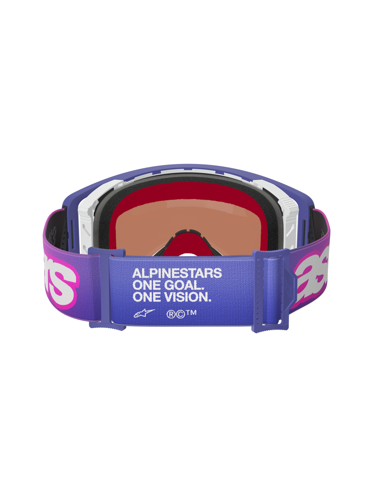 Alpinestars Supertech Vision Vista Goggles, Purple Fluo Pink Mirror Blue, Rückansicht mit elastischem Band und weißem „ALPINESTARS ONE GOAL. ONE VISION.“ Schriftzug, pinkfarbenen Astar-Logos, lila Rahmen mit dicker Schaumstoffpolsterung, professionelle Offroad-Rennbrille
