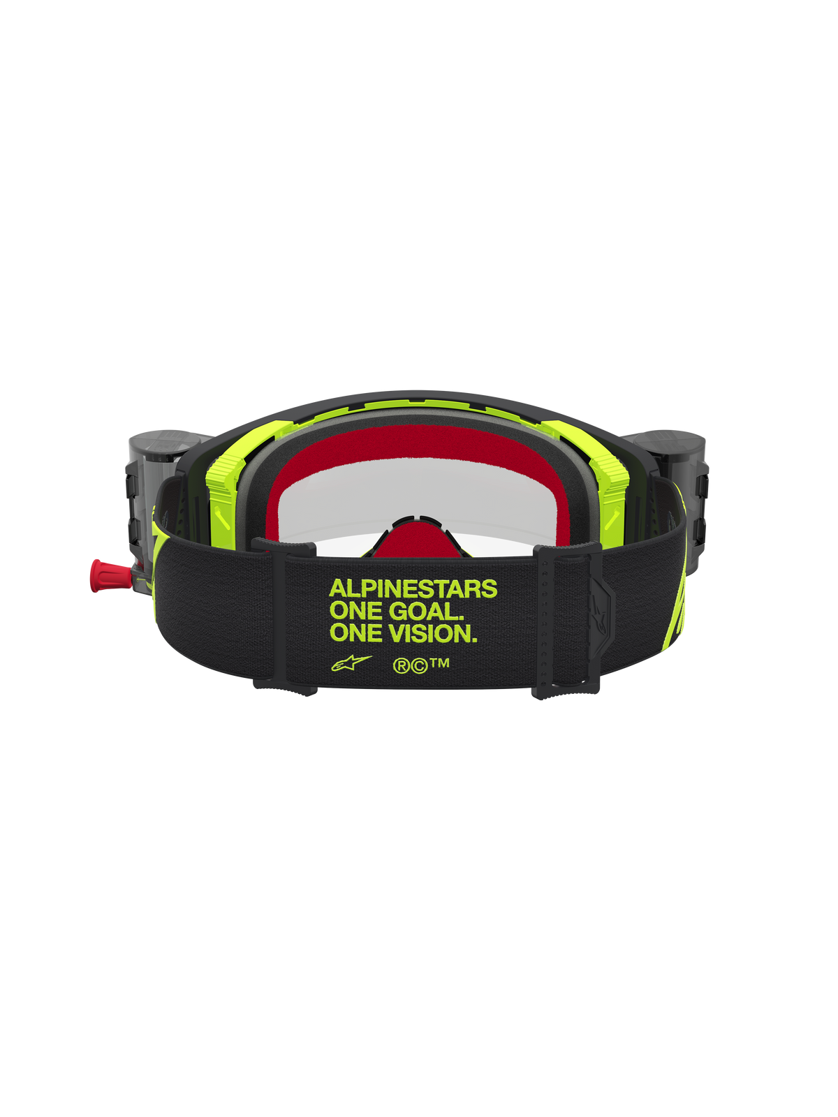 Alpinestars Supertech Firma Roll-Off Schutzbrille, Motocross-Brille in Schwarz und Gelb Fluo, Rückansicht mit Markenband.