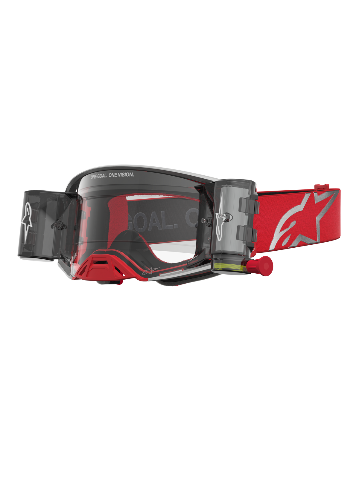 Alpinestars Supertech Firma Schutzbrille Roll-Off, Motocross, Rot und Silber, klare Scheiben, Roll-Off-Kartuschen.