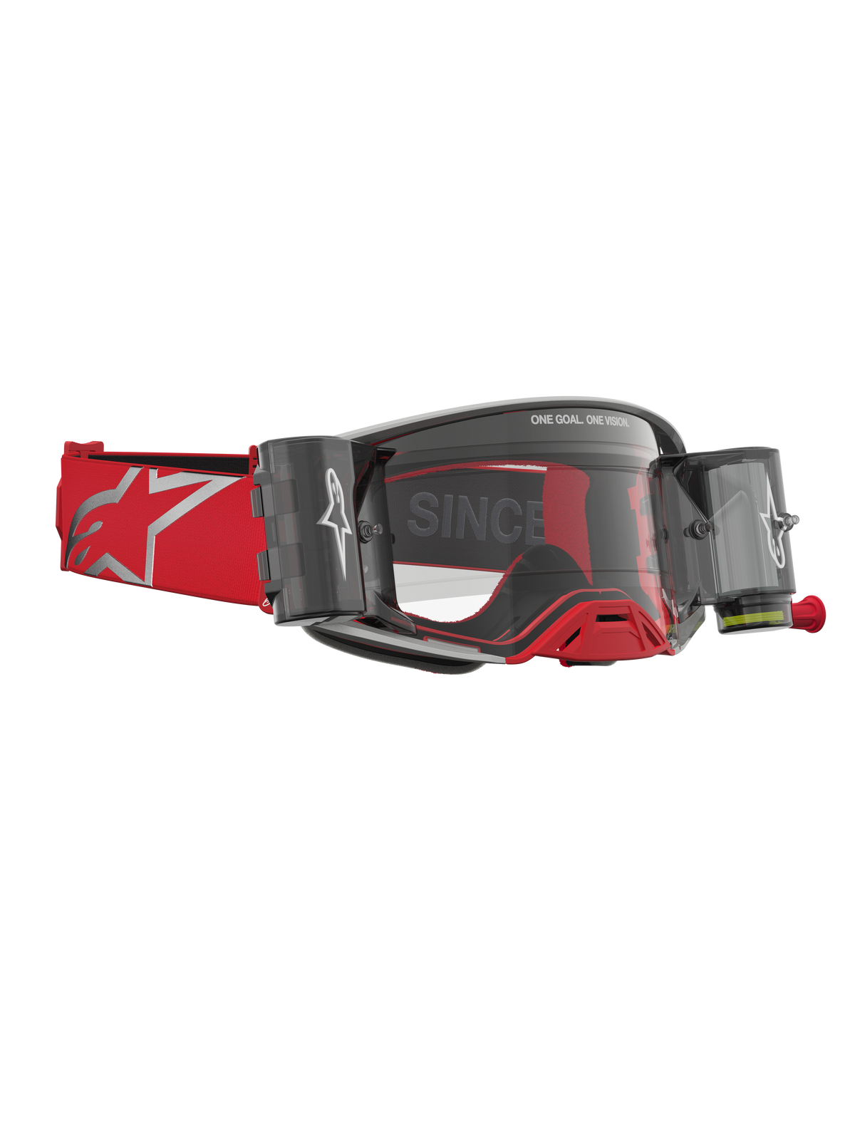 Alpinestars Supertech Firma Schutzbrille Roll-Off, rot-silberne Motocross-Brille mit integrierten Roll-Off-Kartuschen.