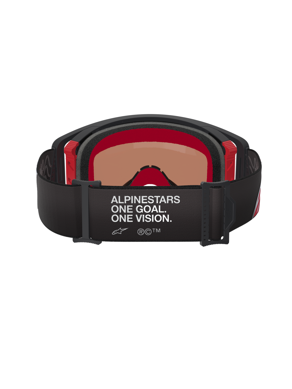Alpinestars Supertech Corp Goggles Absolute Vision, Rückansicht, Schwarz und Rot, mit weißem „ALPINESTARS ONE GOAL. ONE VISION.“ Text auf einem breiten schwarzen Band, roten Akzenten am Innenrahmen, professionelle Motocross-Brille