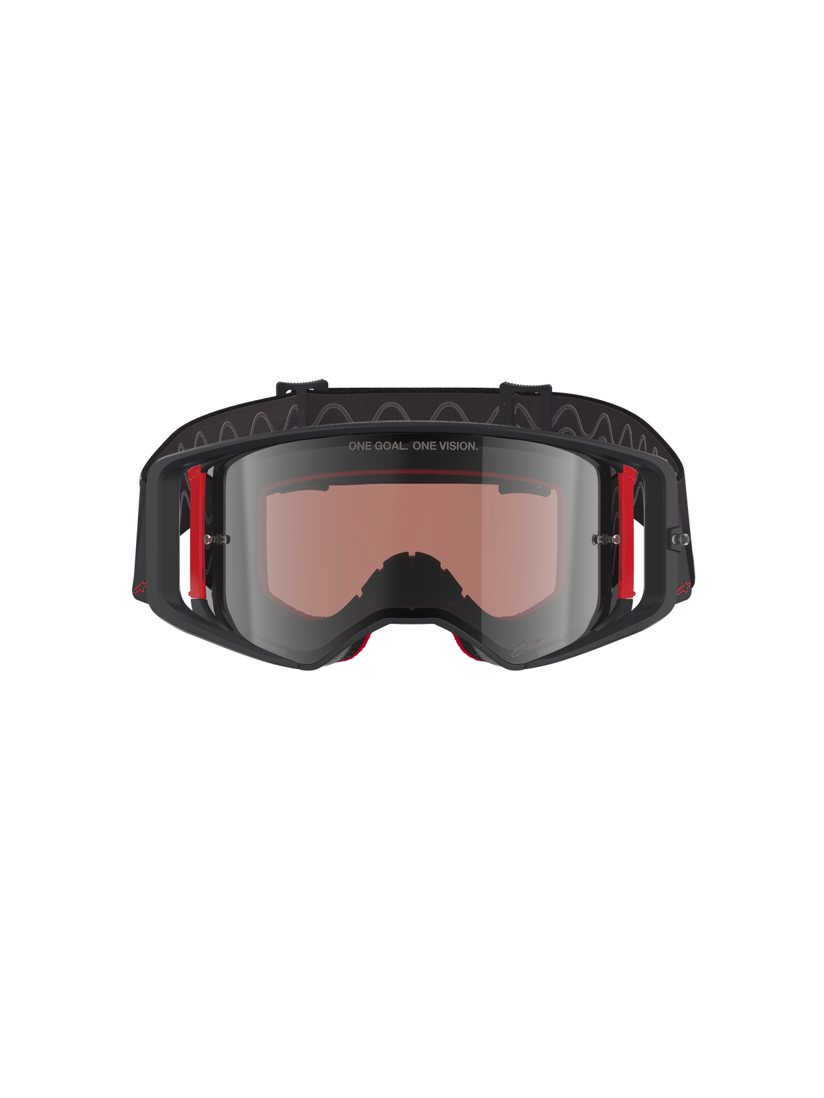Alpinestars Supertech Corp Brille Absolute Vision, Motocross-Brille, schwarzer und roter Rahmen mit verspiegelten silbernen Gläsern, mit dem Schriftzug „ONE GOAL. ONE VISION.“ auf dem oberen Rahmen und roten Seitenakzenten, professioneller Augenschutz für Motocross