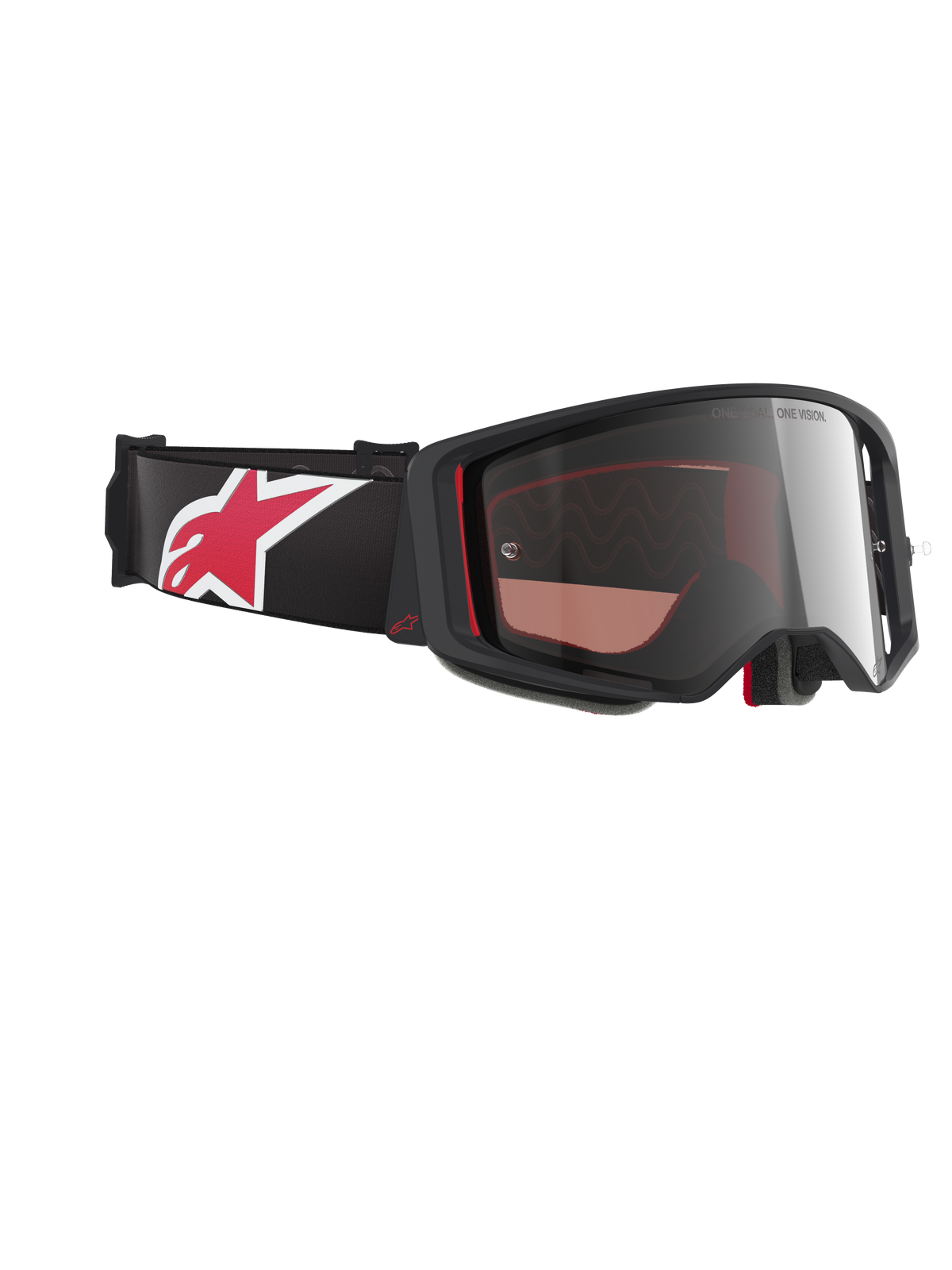 Alpinestars Supertech Corp Goggles Absolute Vision, Motocross-Brille, Schwarz und Rot mit silbern verspiegelter Linse, schräge Profilansicht mit schwarzem Band und großem rot-weißem Stern-Logo, schlankes Rahmendesign für Offroad-Performance