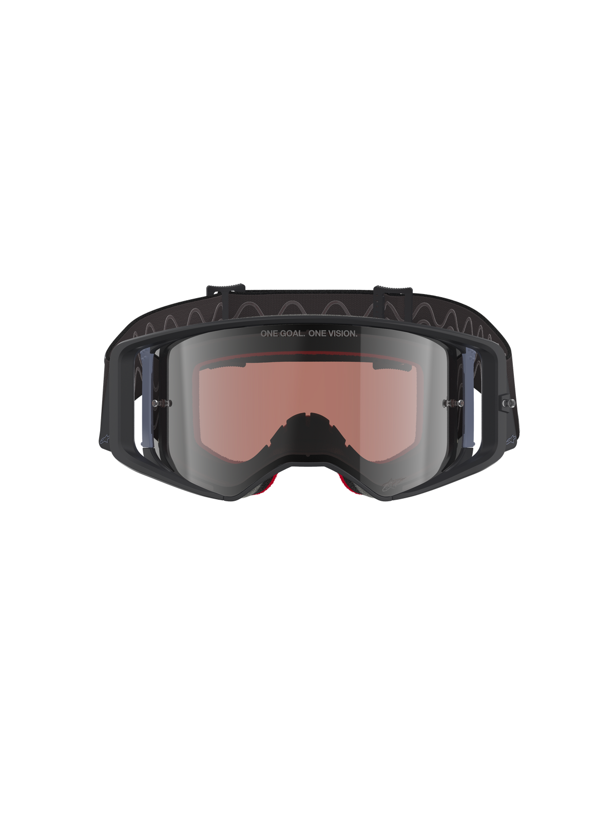 Alpinestars Supertech Corp Goggles Absolute Vision, Motocross Goggles, Black Grey Mirror Silver, featuring "ONE GOAL. ONE VISION." text on lens, wide-view polycarbonate lens, high-performance eye protection for off-road racing