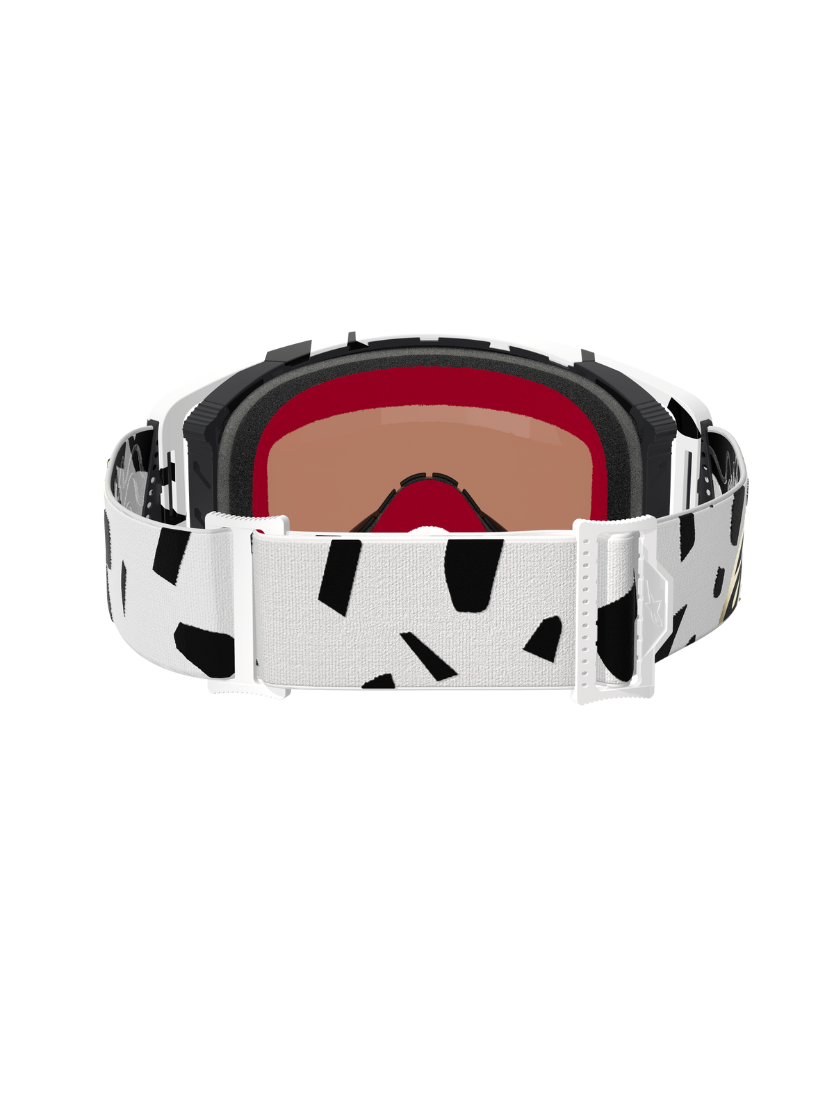 Rückansicht der Alpinestars Supertech Corp Goggles Absolute Vision, White Gold Mirror Gold, mit einem weißen Brillenband mit schwarzen abstrakten Mustern, weißen Verstellschnallen und mehrlagigem Gesichtsschaum für Motocross- und Offroad-Rennen.