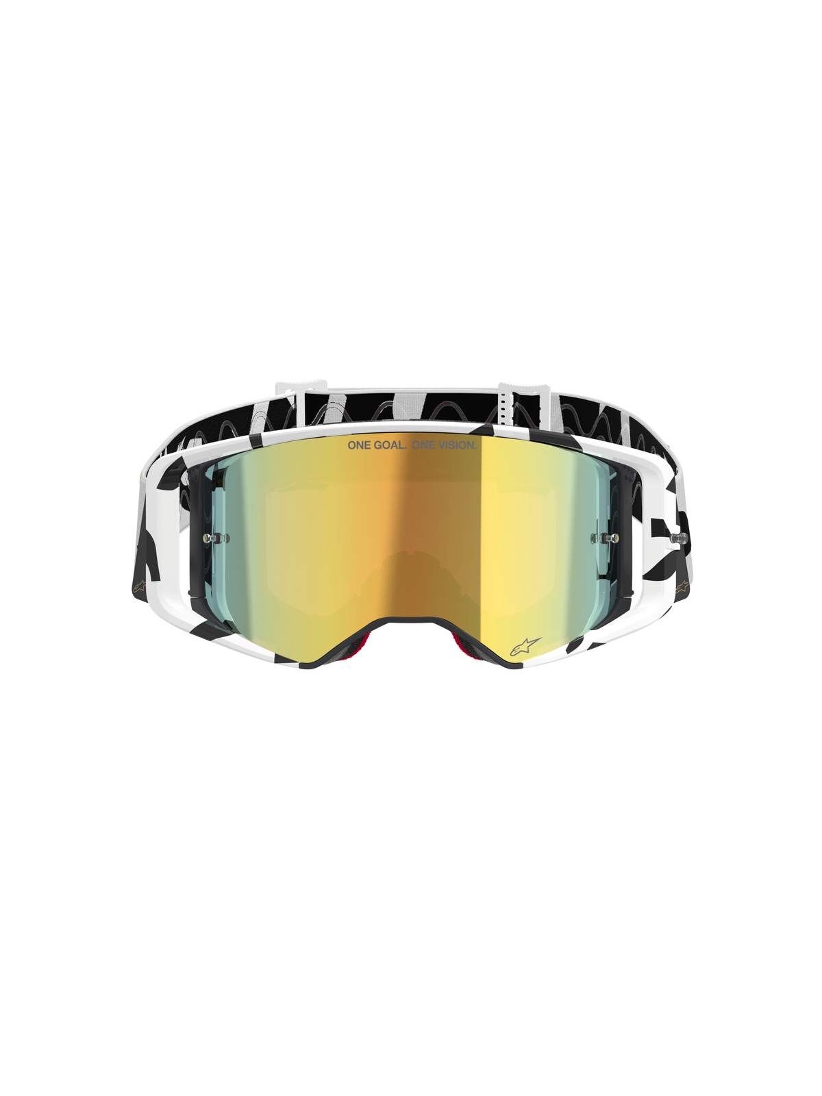 Alpinestars Supertech Corp Goggles Absolute Vision, Motocross-Brille, Weiß und Gold verspiegelt, mit schwarz-weißem Grafik-Rahmen und Band, gold verspiegeltes Brillenglas mit „ONE GOAL. ONE VISION.“ Schriftzug, Hochleistungs-Offroad-Brille