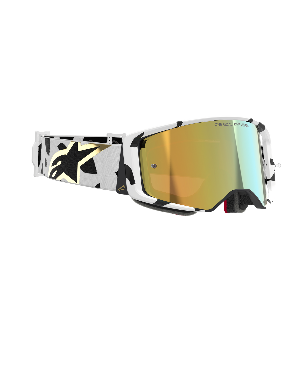 Alpinestars Supertech Corp Absolute Vision Motocross-Brille, Motocross-Brille, weißer Rahmen mit schwarzen Grafikmustern, gold verspiegelte Linse, weiß-schwarzes Band mit goldenem Alpinestars-Logo, Hochleistungs-Schutzbrille für den Rennsport.