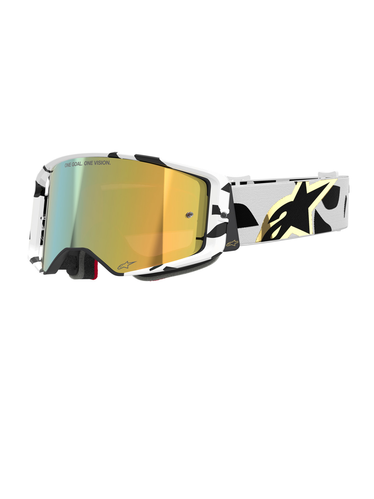 Alpinestars Supertech Corp Goggles Absolute Vision, Motocross-Brille, weiß-schwarz gemusterter Rahmen mit gold verspiegelter Linse, breites Band mit schwarzem abstraktem Design und goldenem Alpinestars-Logo, "ONE GOAL. ONE VISION." Schriftzug auf der Linse, Hochleistungs-Rennausrüstung