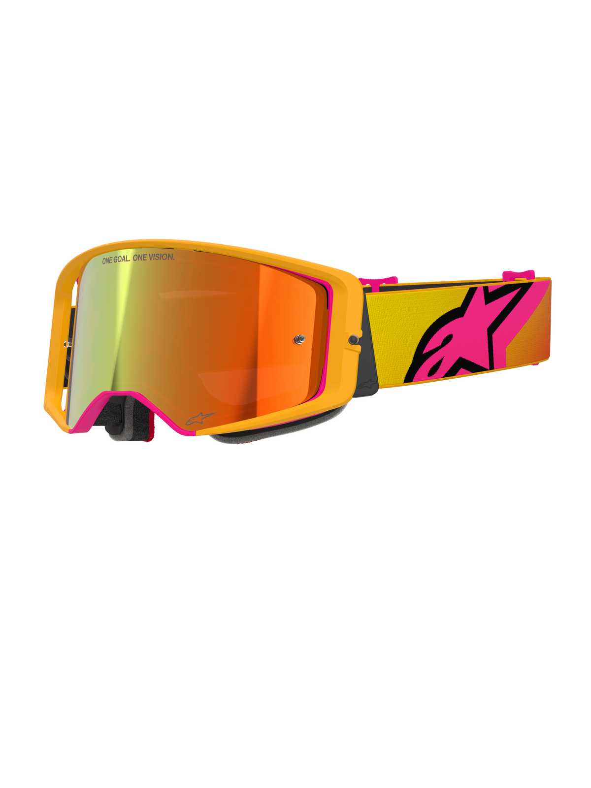 Alpinestars Supertech Corp Goggles Absolute Vision, Motocross-Brille, Gelb und Pink Mirror Rot, mit leuchtend gelbem Rahmen, verspiegelten Gläsern mit orangefarbenen und roten Reflexionen, gelbem Band mit großem pinkem Alpinestars Stern-Logo, professionelle Offroad-Rennsportbrille