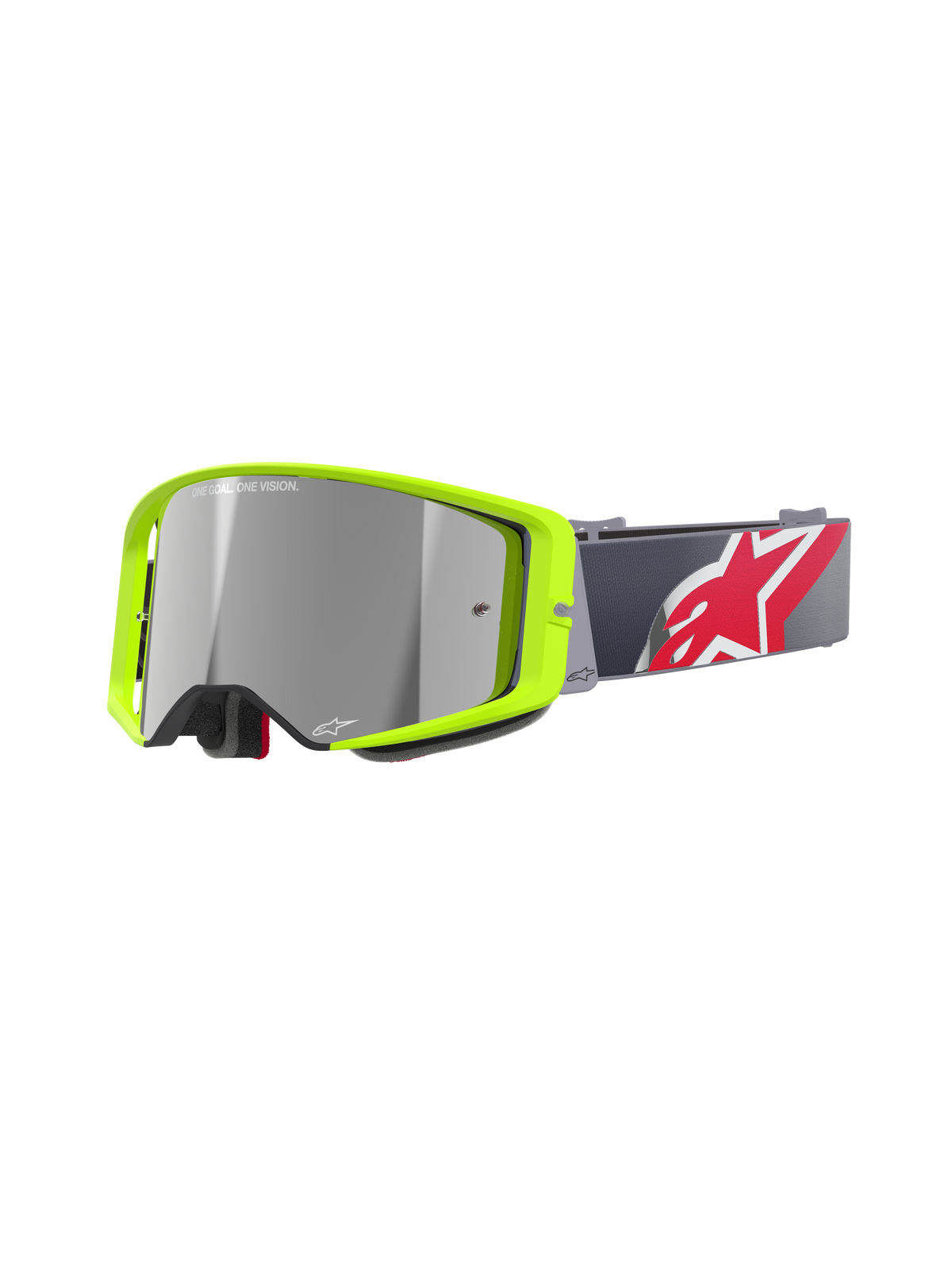 Alpinestars Supertech Corp Goggles Absolute Vision, Motocross-Brille, neongelber Rahmen mit silber verspiegelter Linse, graues Band mit großem rot-weißem Stern-Logo, 'ONE GOAL. ONE VISION.' Branding auf der Linse, strapazierfähiges Design für Offroad-Rennsport