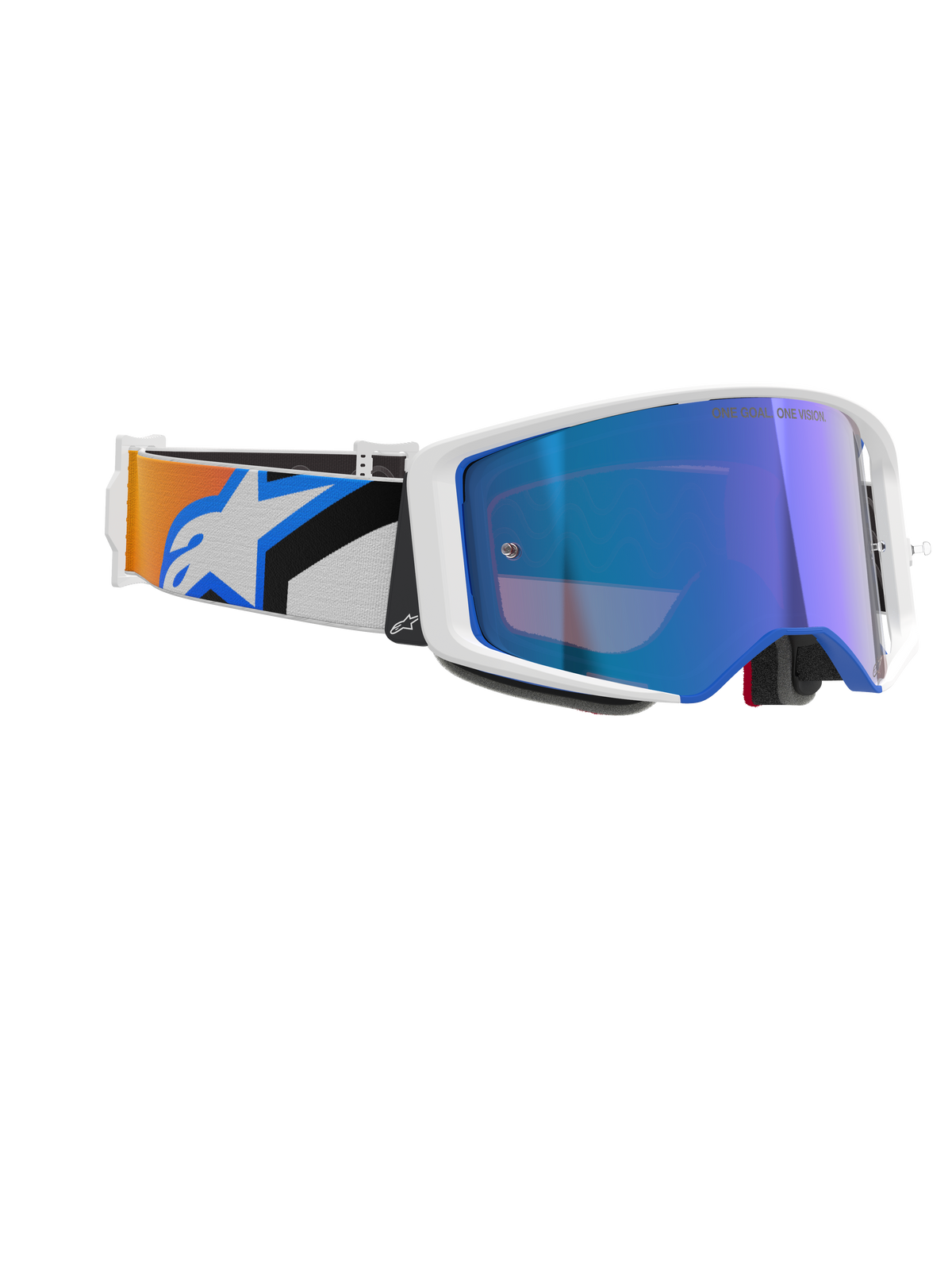 Alpinestars Supertech Corp Schutzbrille Absolute Vision, Motocross-Brille, Weißer Rahmen mit blau verspiegelter Linse, verstellbares Band mit blau-orangem Grafikdesign und Alpinestars-Logo, professionelle Offroad-Rennsportbrille