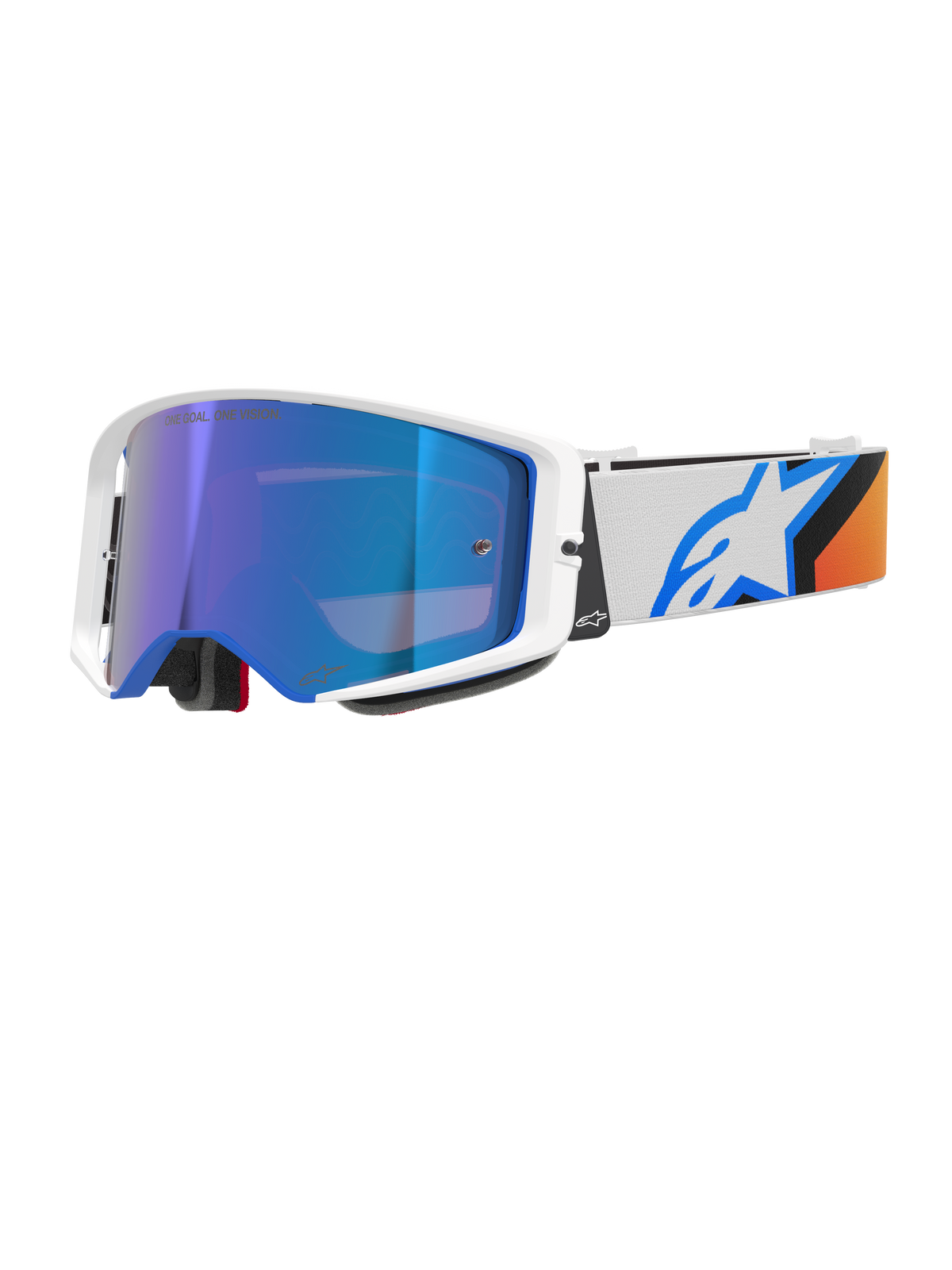 Alpinestars Supertech Corp Motocross-Brille Absolute Vision, Blau und Orange mit blau verspiegelter Linse, weißer und blauer Rahmen, breites weißes Band mit markantem blauem Stern-Logo und orangefarbenen Akzenten, Hochleistungs-Augenschutz für den Offroad-Bereich