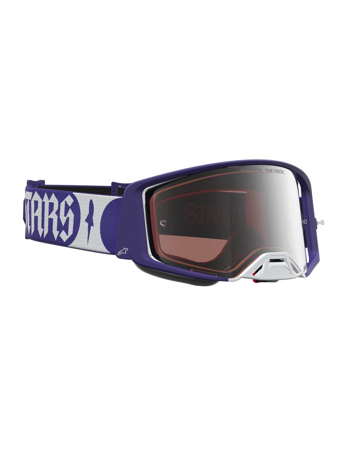 Alpinestars Supertech Atrox Schutzbrille für Motocross in Dunkelblau und Weiß mit silber verspiegelter Scheibe.