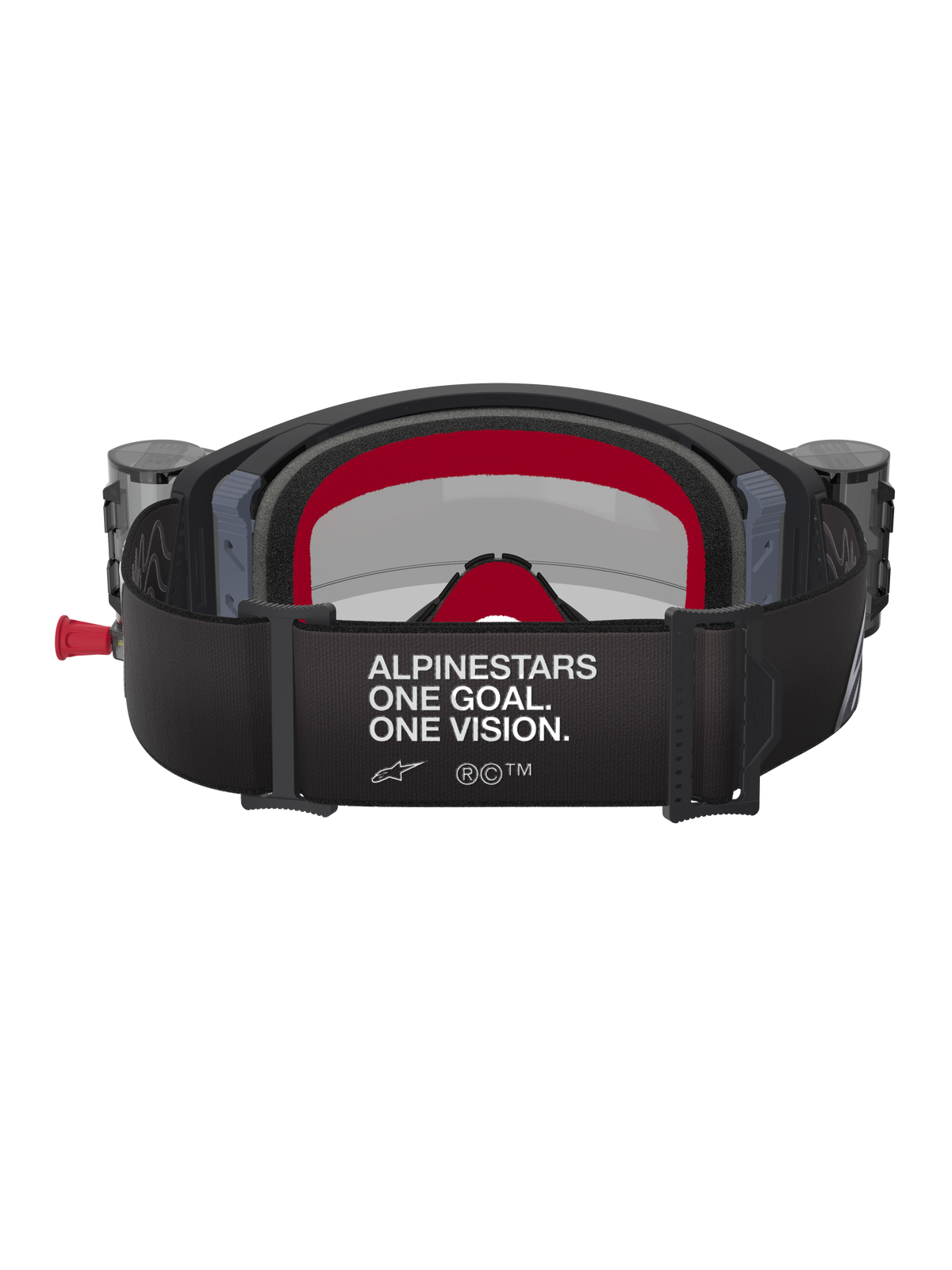 Alpinestars Supertech Corp Goggles Roll Off, Motocross-Brille, Schwarz und Grau mit roten Akzenten, Rückansicht mit breitem Band und weißem 'ALPINESTARS ONE GOAL. ONE VISION.' Text, integrierte Roll-Off-Behälter, roter mehrlagiger Gesichtsschaum, professioneller Augenschutz