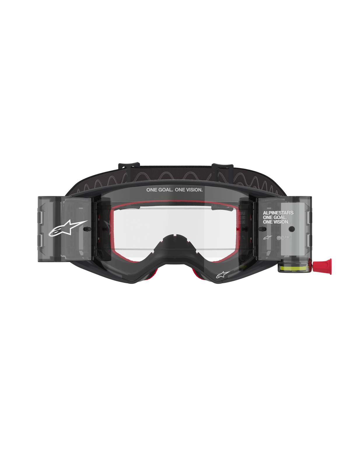 Alpinestars Supertech Corp Roll-Off Brille, Motocross- und MTB-Brille, Schwarz und Grau mit rotem Innenschaum, klare Linse mit Wide Vision Roll-Off-System, „ONE GOAL. ONE VISION.“ Branding, technischer Offroad-Augenschutz mit modernem, eckigem Design
