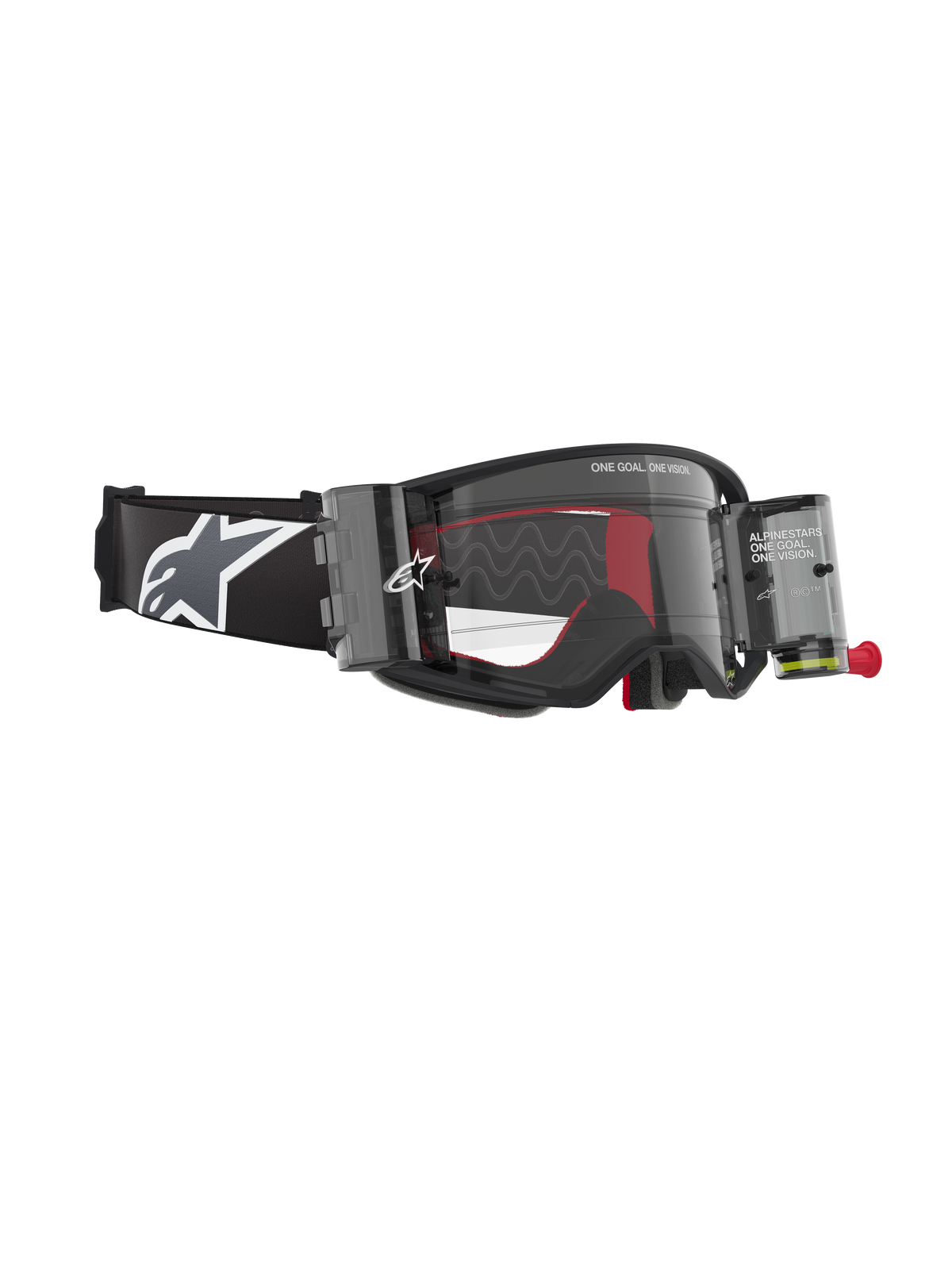 Alpinestars Supertech Corp Roll-Off Brille, Schwarz und Grau, Wide Vision Roll-Off-System mit transparenten Behältern, klare Linse mit Silikon-Gleitlinien, breites schwarzes Band mit weißem Astars-Logo, konzipiert für professionellen Motocross- und Offroad-Rennsport