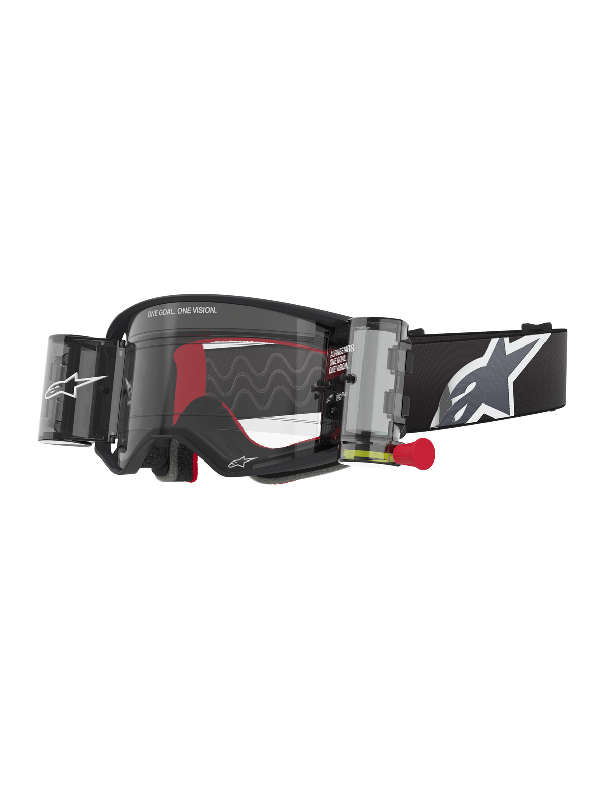 Alpinestars Supertech Corp Roll-Off Brille, schwarzer Rahmen mit klarer Linse, Wide Vision Roll-Off-System und roter Zuglasche, schwarzes Band mit großem grau-weißen Alpinestars-Logo, technische Motocross-Brille mit „One Goal. One Vision.“ Branding