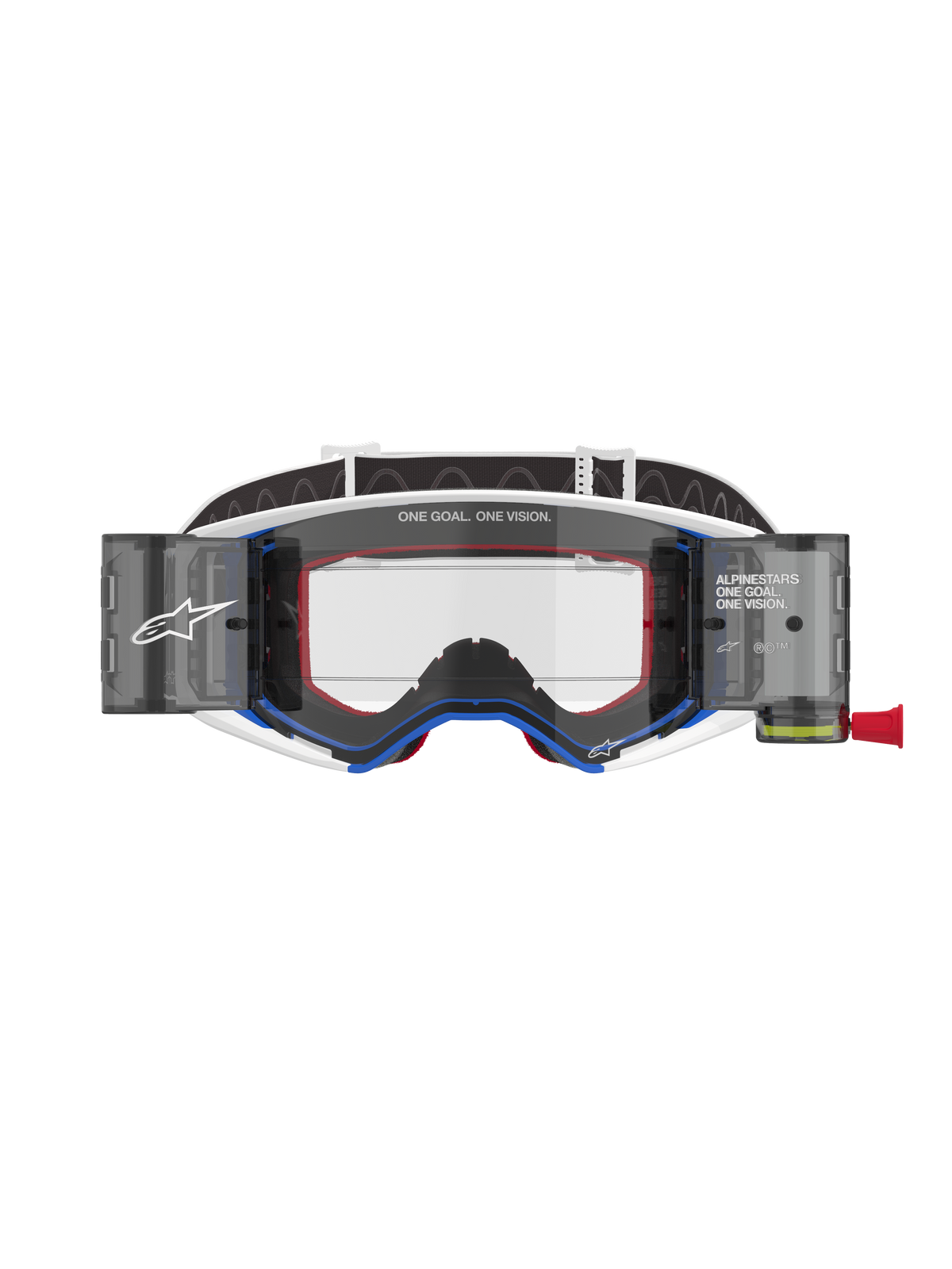 Alpinestars Supertech Corp Roll-Off Schutzbrille, Motocross-Brille, blau-weißer Rahmen mit orangen Akzenten, integriertes Wide-View Roll-Off-System mit klarem Glas, professioneller Offroad-Augenschutz mit Alpinestars-Branding und „One Goal. One Vision.“ Text