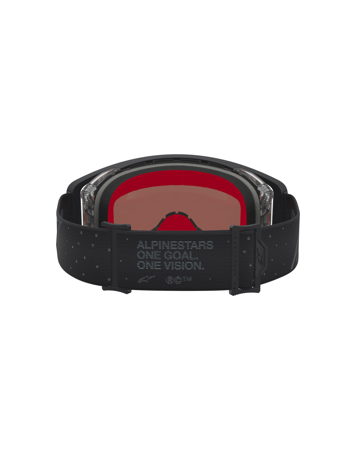 Alpinestars Supertech Cloak Motocross-Schutzbrille in Schwarz und Silber, mit rotem Innenschaum und Gurt mit Logo.