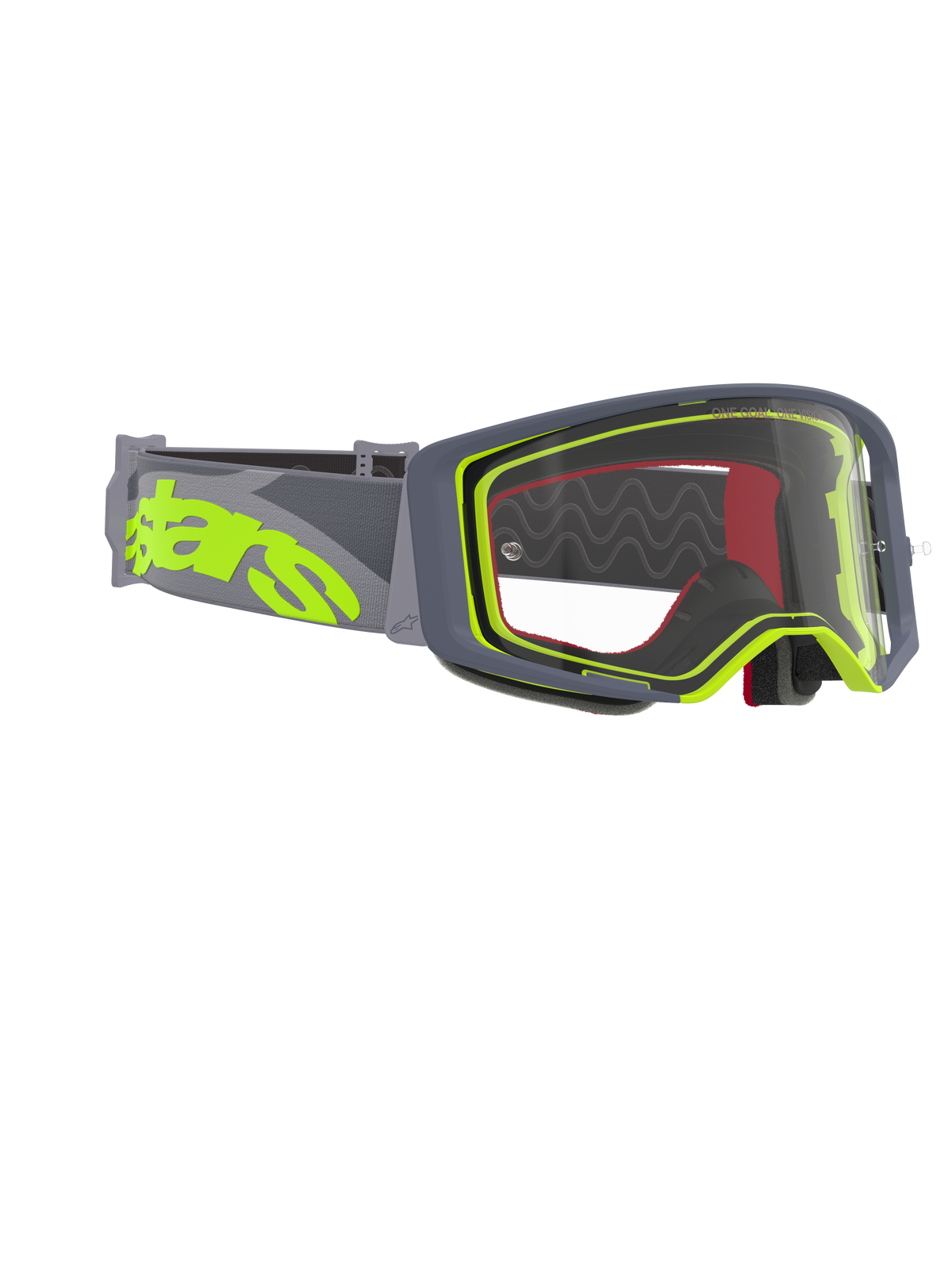 Alpinestars Supertech Stream Goggles, Motocross-Brille, grauer und neongelber Rahmen mit klarer Scheibe, breites graues Band mit großem neongelbem Logo, entwickelt für Performance im Offroad- und Motocross-Rennsport