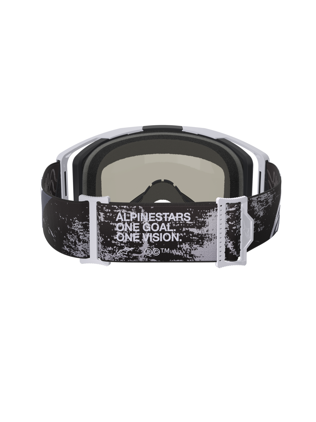 Alpinestars Vision 8 Lahnd Brille, Motocross-Brille, Iron Camo und Mirror Silver, Rückansicht mit verstellbarem Band und „ONE GOAL. ONE VISION.“ Text, Camouflage-Muster mit weißen und grauen Rahmenakzenten