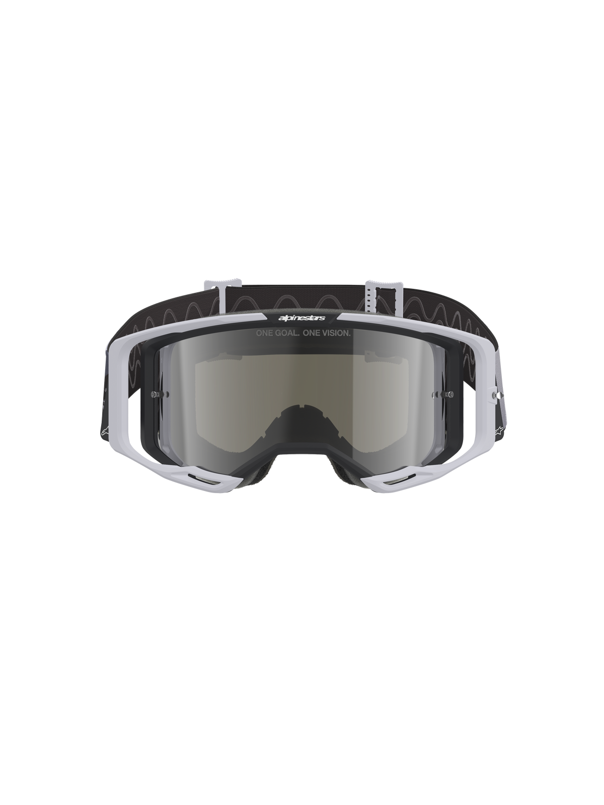 Alpinestars Vision 8 Lahnd Goggles, Motocross-Brille, Iron Camo Mirror Silver, hellgrauer Rahmen mit verspiegelter silberner Scheibe, schwarzes Brillenband mit Wellenmuster, professionelle Schutzausrüstung für Offroad-Rennsport und Motocross